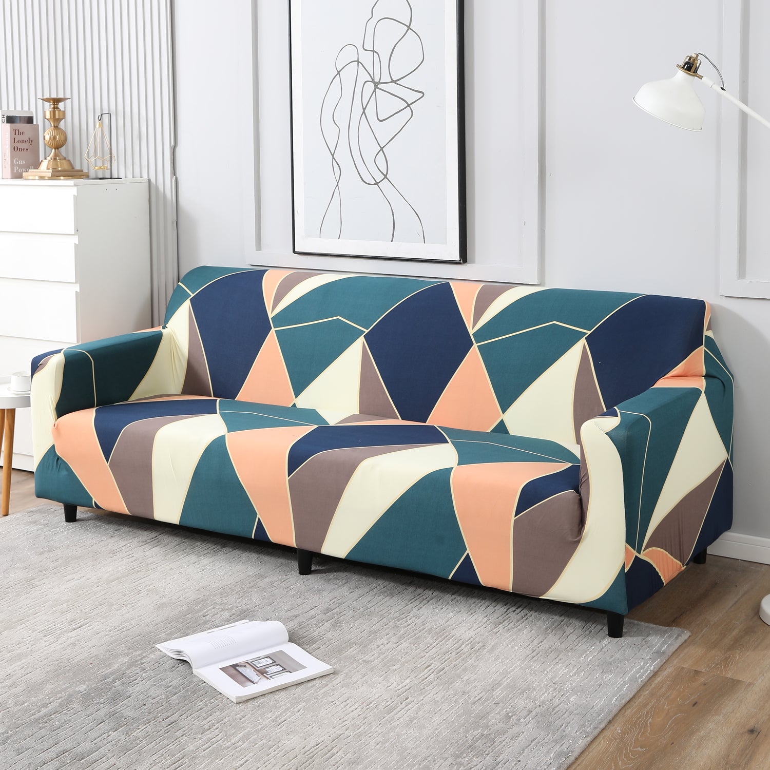 Green Peach Abstract Printed, non slip, elastic 4 seater sofa covers