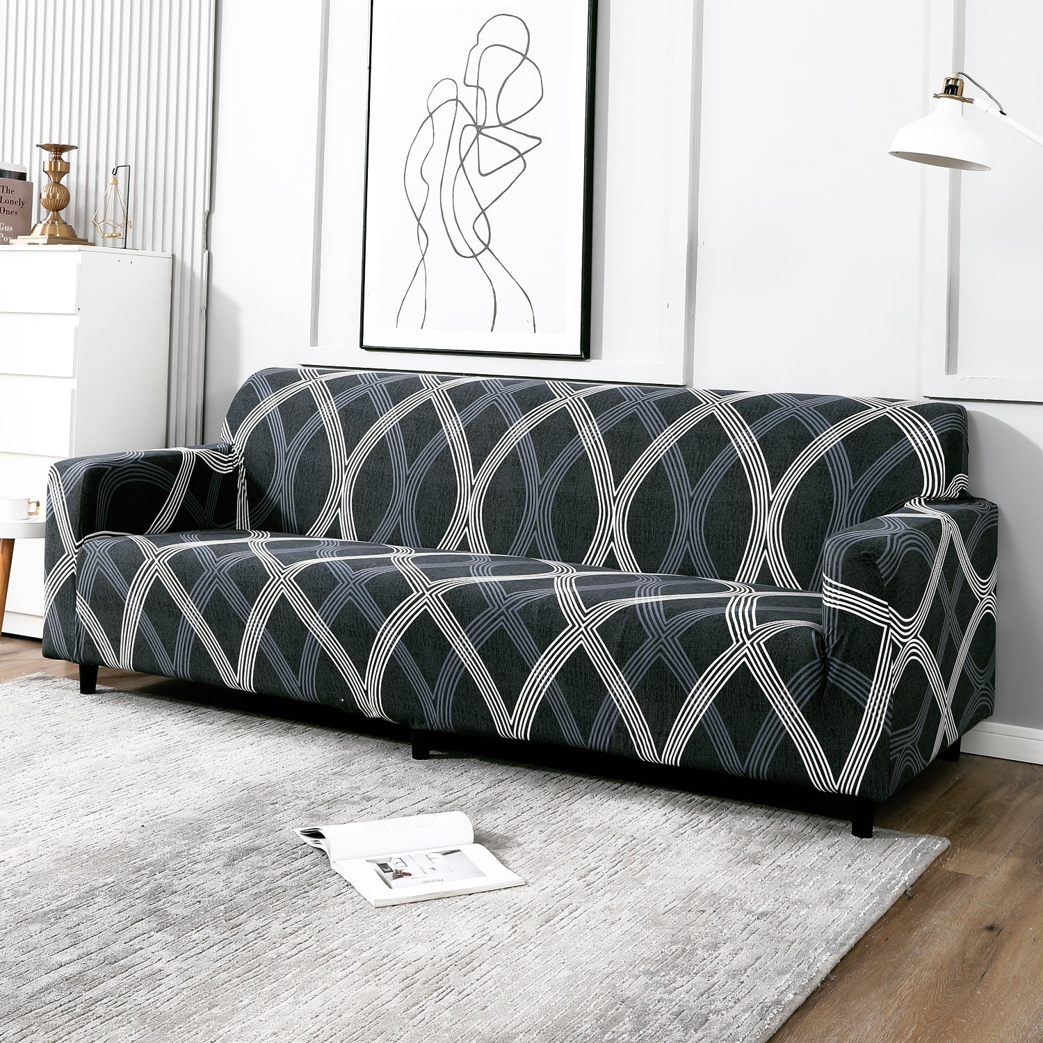 Shadow Grey, non slip, elastic 4 seater sofa covers