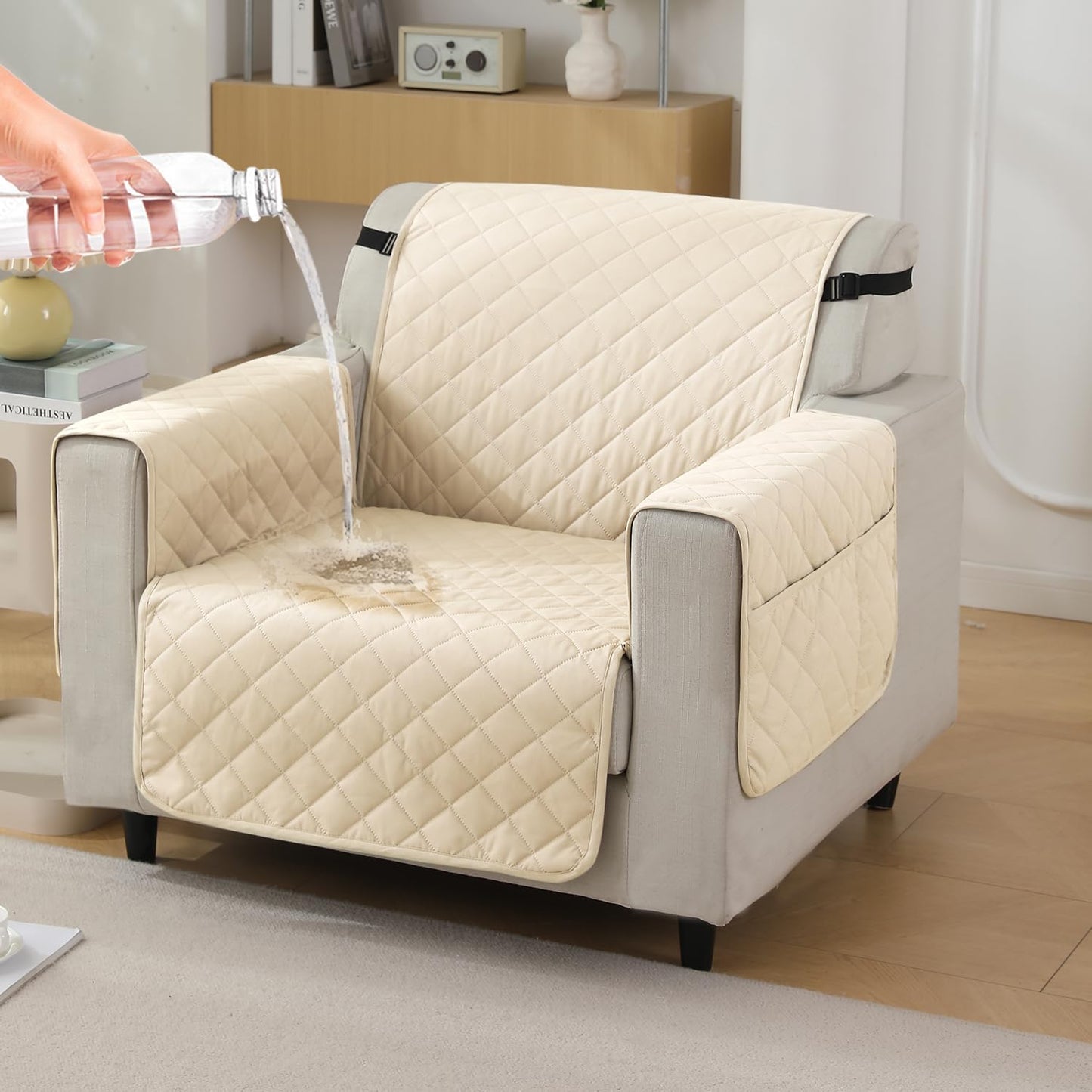 Quilted Waterproof Sofa Cover Mat with Pockets on Armrest Cover - Cream