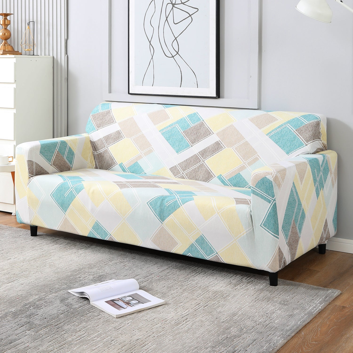 Pastel Diamond Printed stretchable 3 seater sofa covers