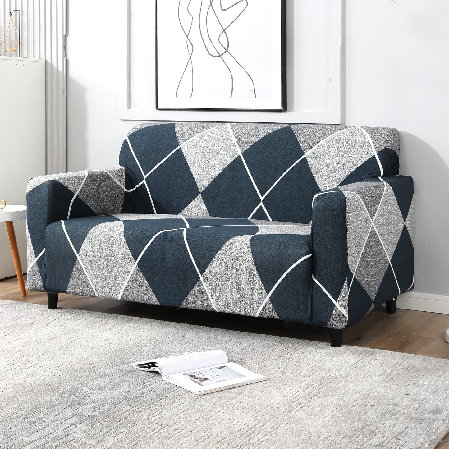 Blue Rhombus Printed Elastic 2 seater sofa covers