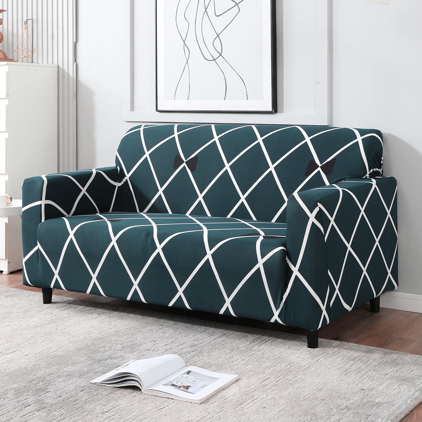 Teal Diamond stretchable two seater sofa cover