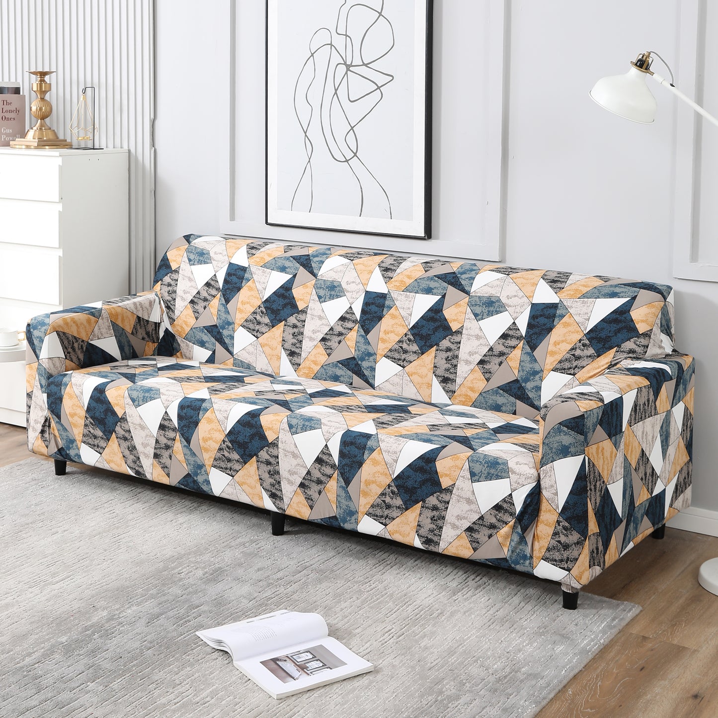 Multicolor Geometric Print full fitted stretchable three seater sofa cover