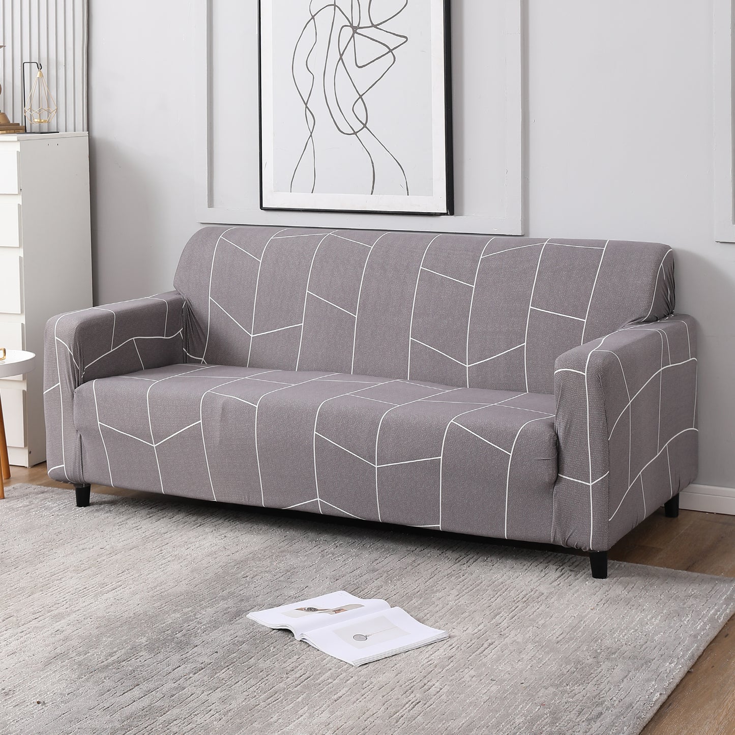 Ash Grey Abstract stretchable 3 seater sofa covers