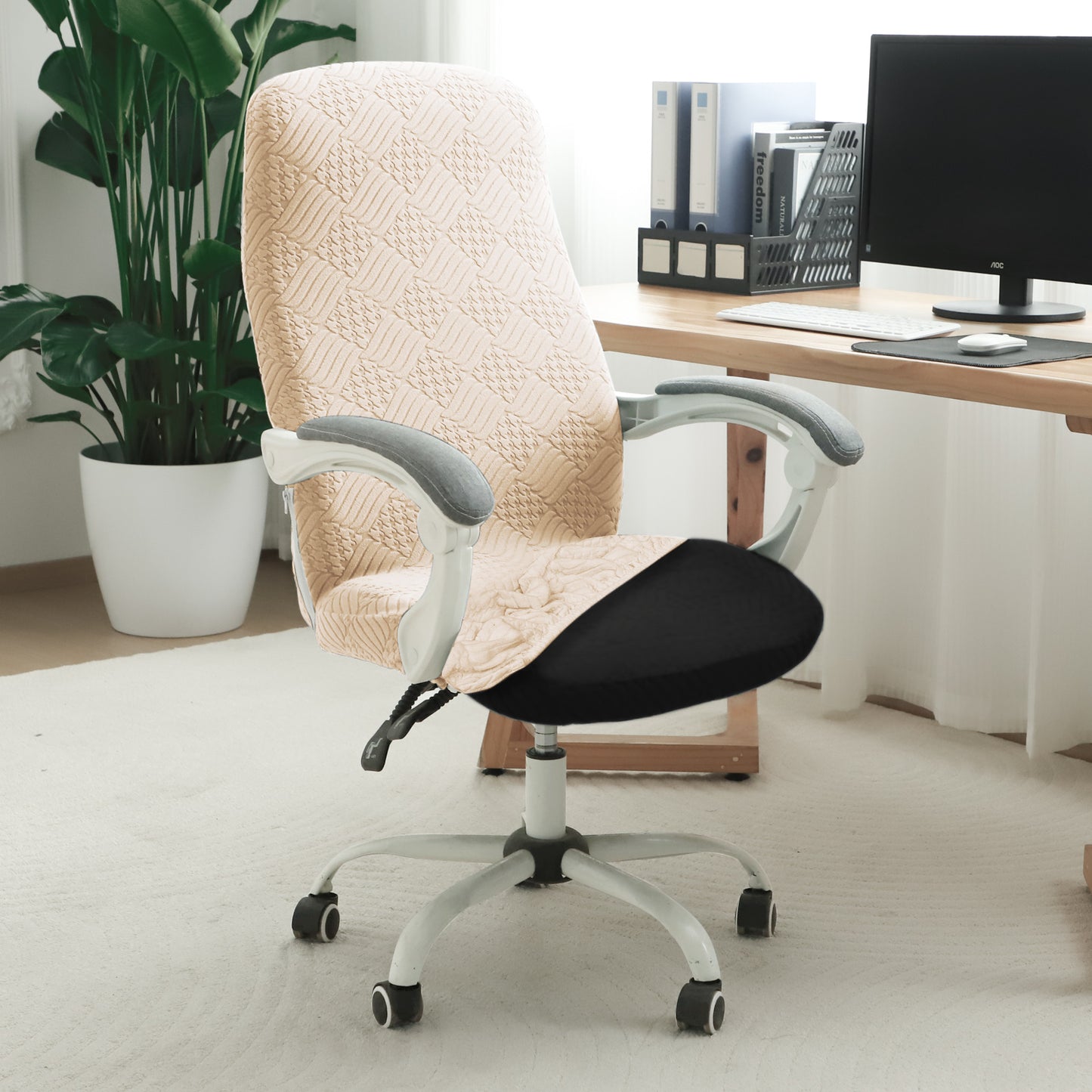 Office Chair Cover for Desk Chair (Mid-Back) – 170 GSM Stretch Jacquard – Washable, Durable & Anti-Slip – Fits Mid-Back Office Chairs, Beige