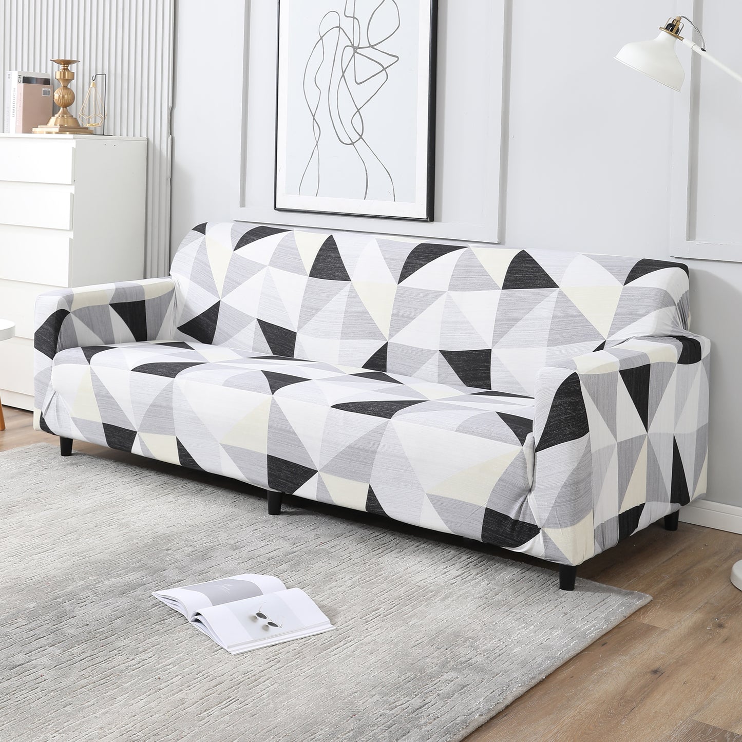 Elastic Stretchable Printed Sofa Cover, Black Grey Geometric