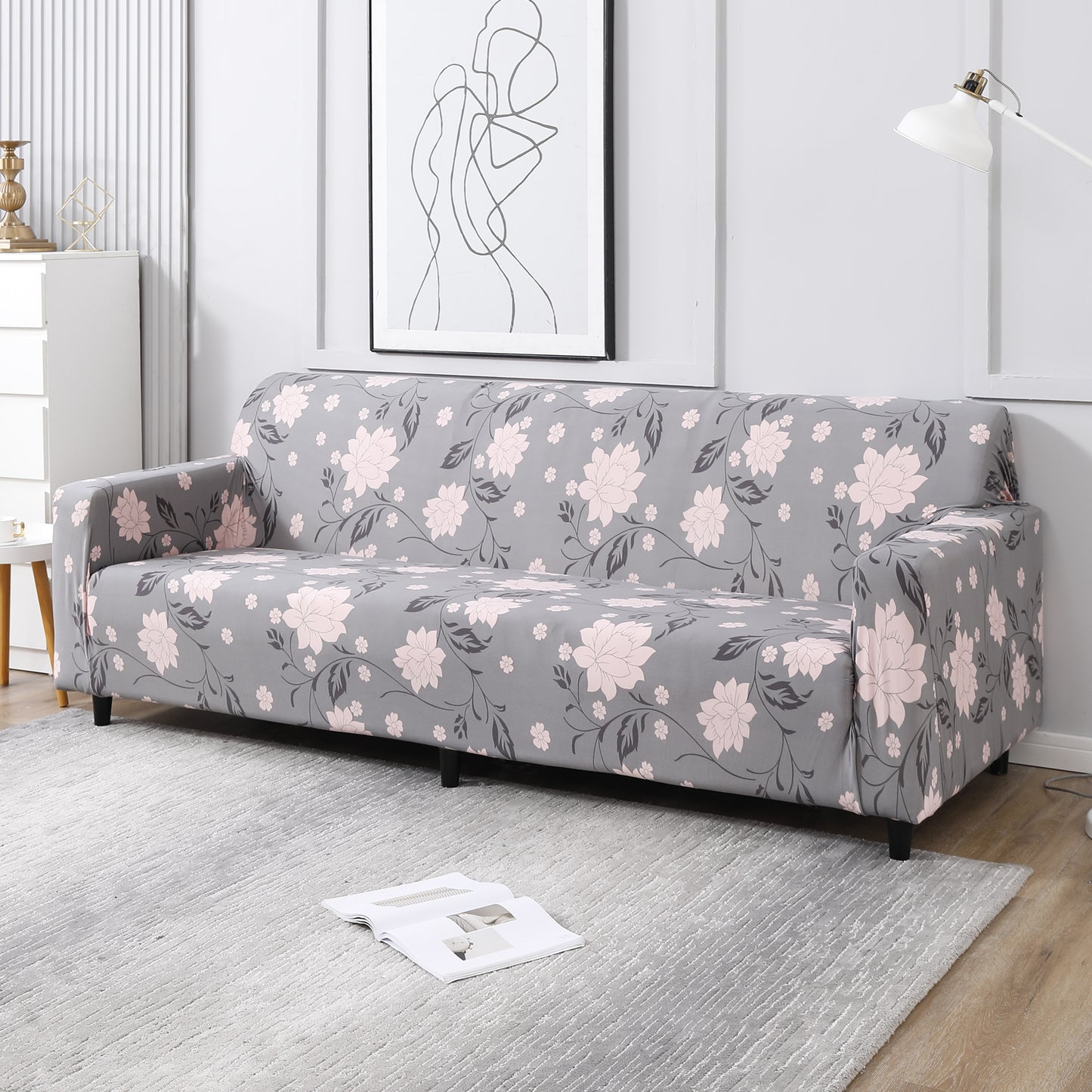 Grey Dahila, non slip, Stretchable 4 seater sofa covers