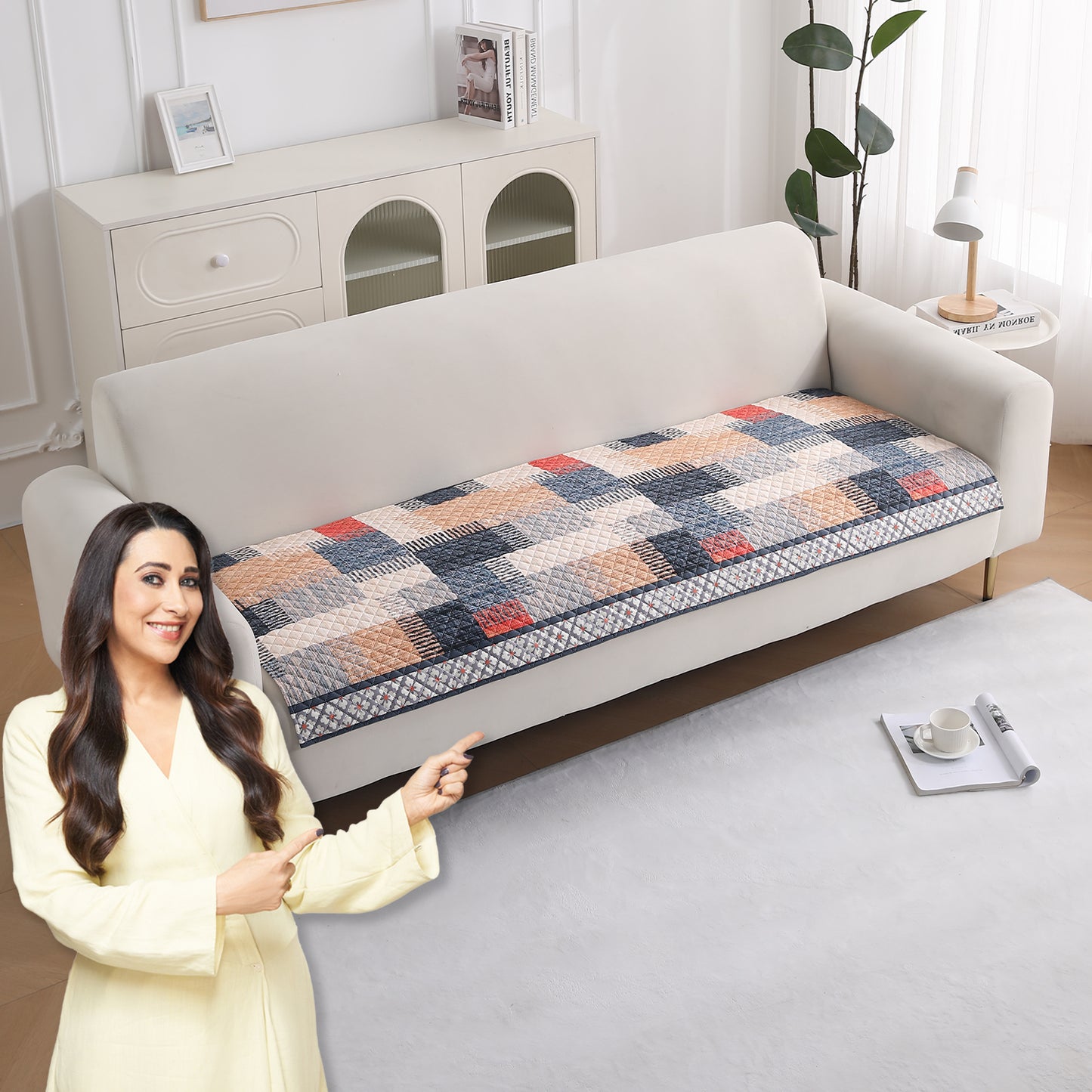 LiefNest Holland Velvet Sofa Cover Mat with Foam Filling - Urban Grid Multicolor