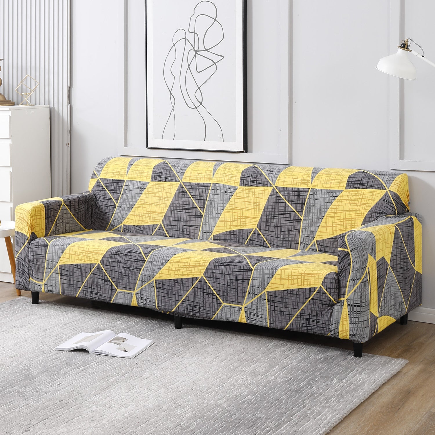Abstract Grey polyester, non slip, elastic 4 seater sofa covers