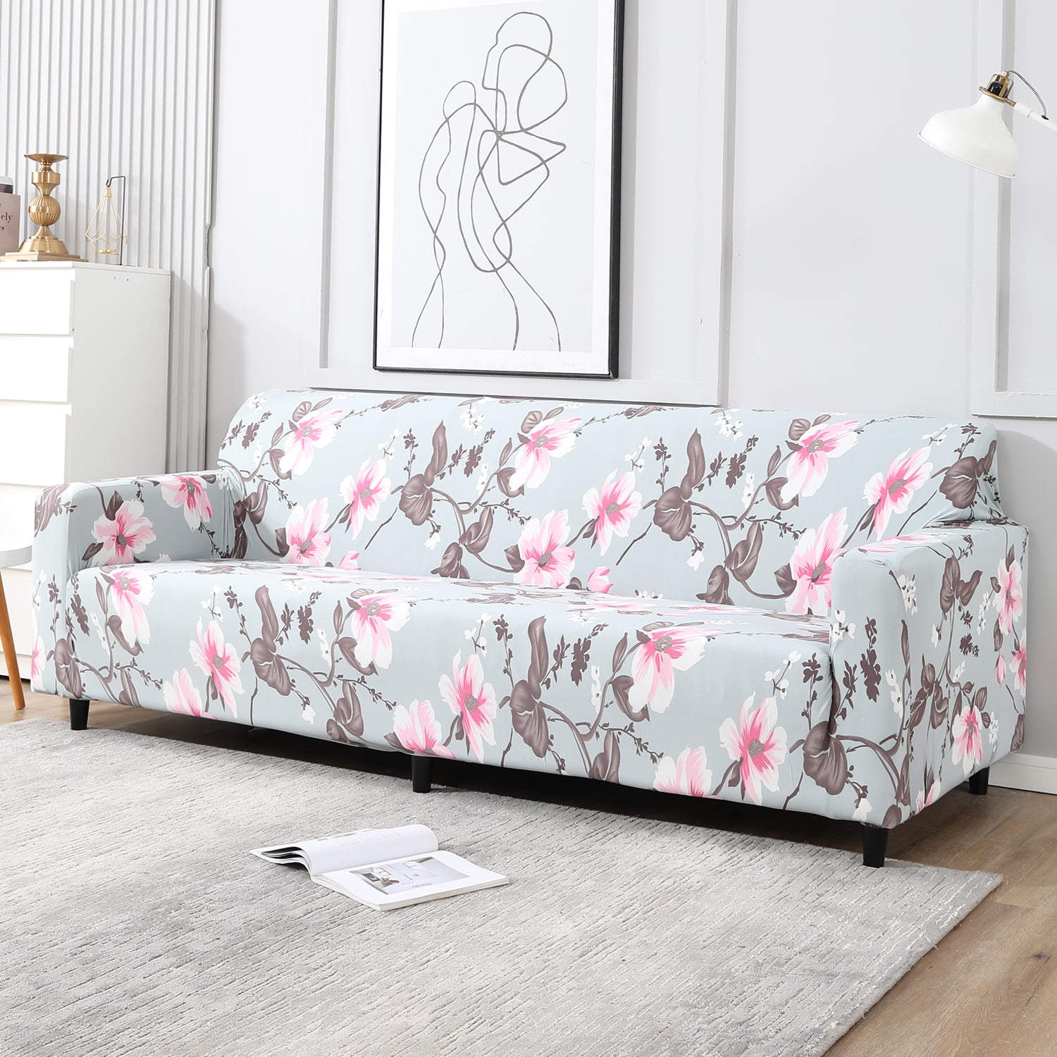 Bluish Grey  Printed, non slip, elastic 4 seater sofa covers