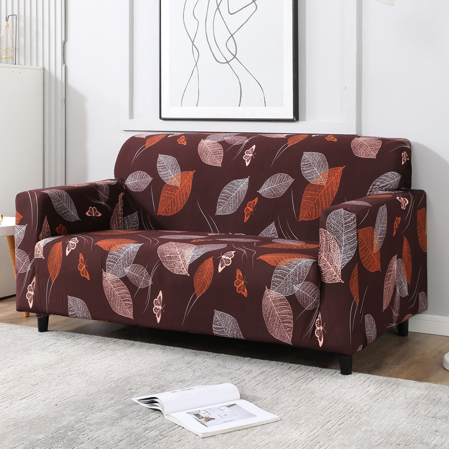 Dark Brown Leaf stretchable two seater sofa cover