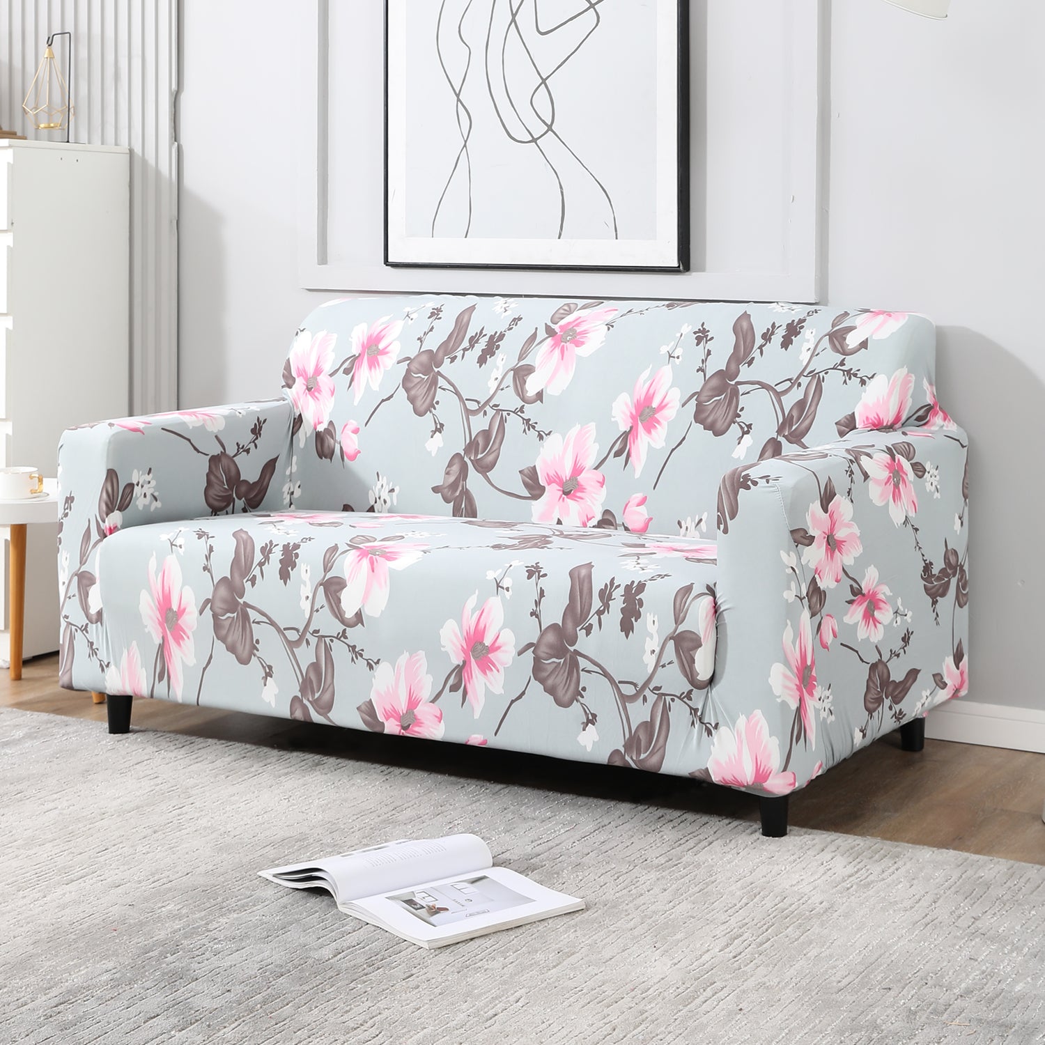 Bluish Grey  Printed non slip elastic 2 seater sofa cover