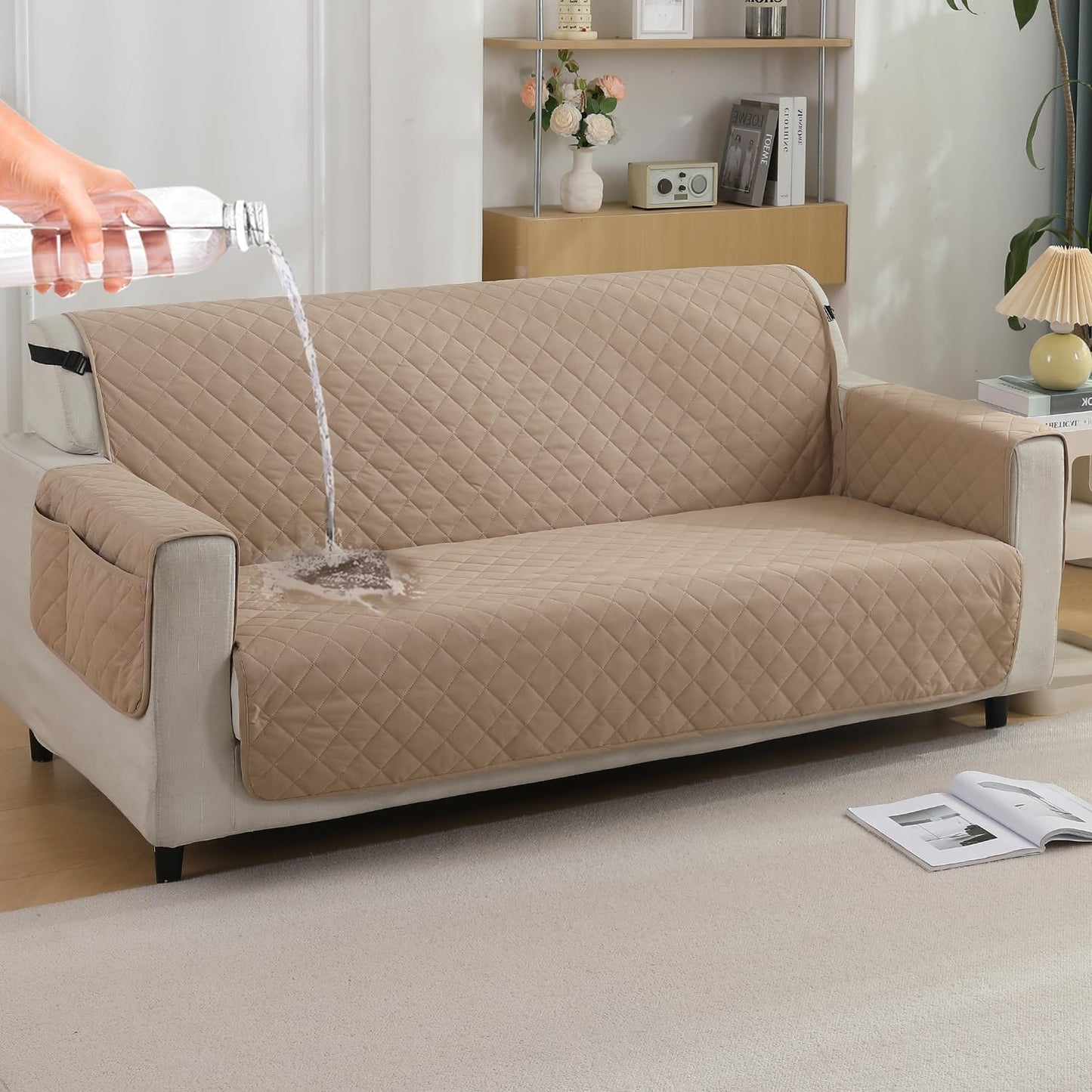 Beige colour 3 seater quilted waterproof sofa cover | Hokipo