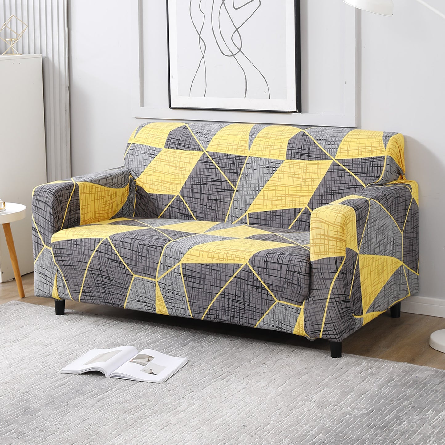 Abstract Grey polyester non slip elastic 2 seater sofa cover