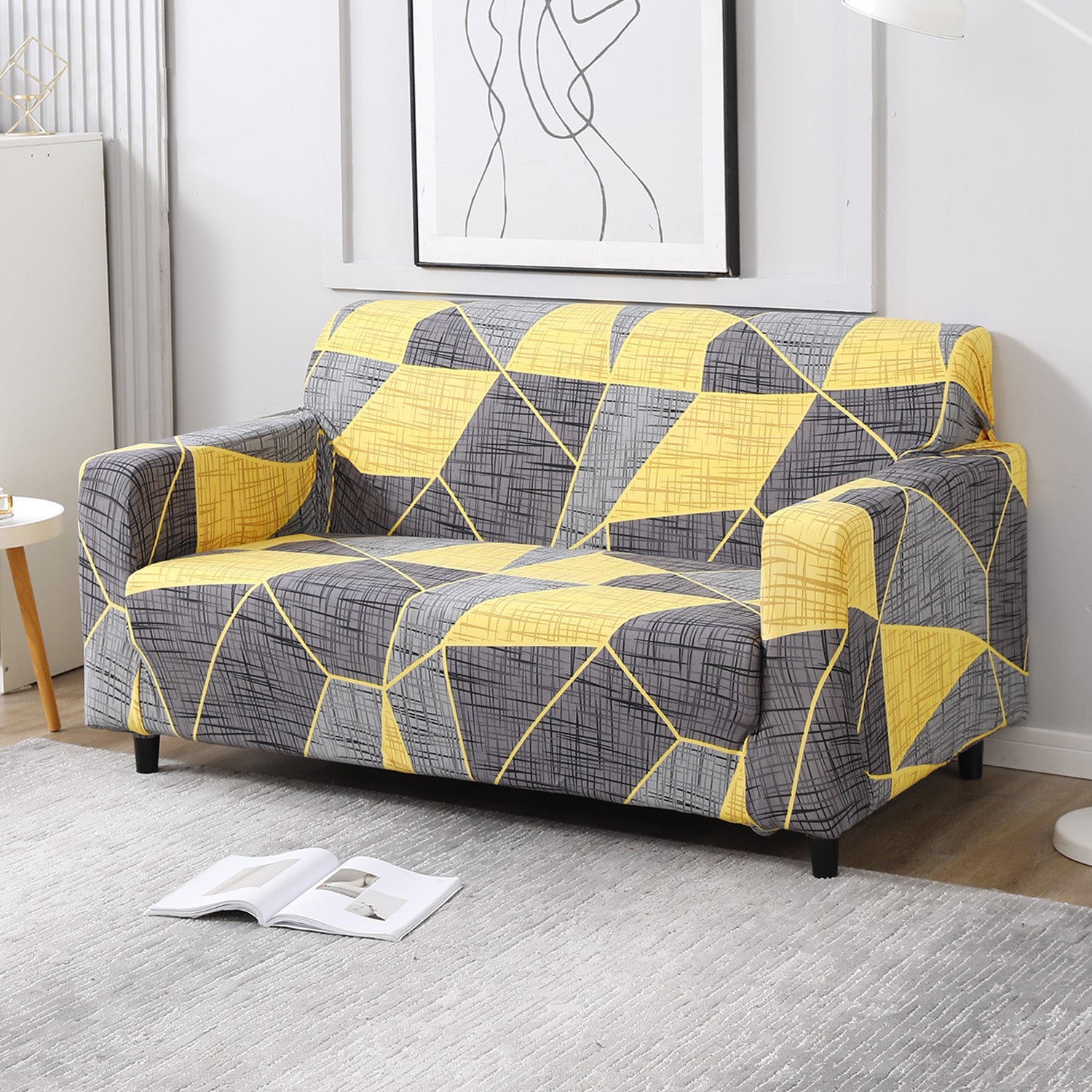 Abstract Grey polyester non slip elastic 2 seater sofa cover