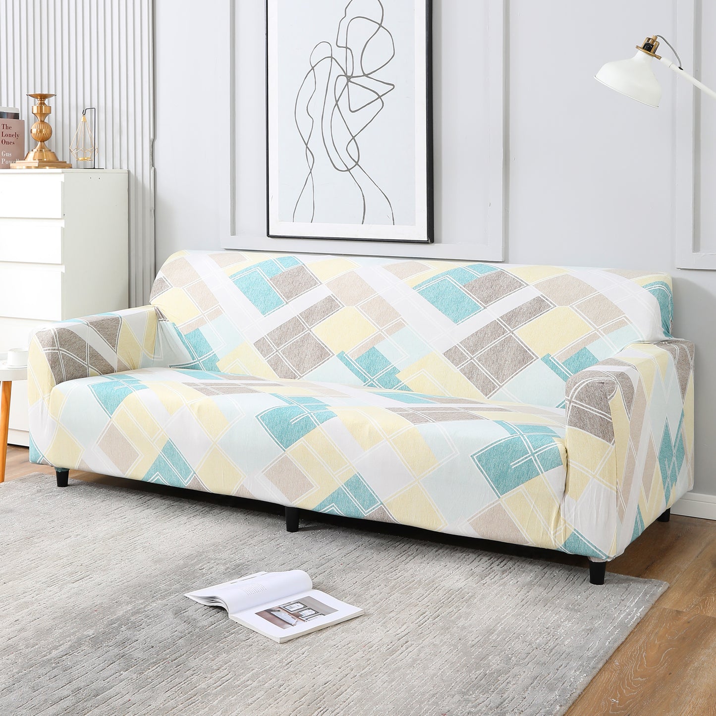 Pastel Diamond Printed, non slip, elastic 4 seater sofa covers