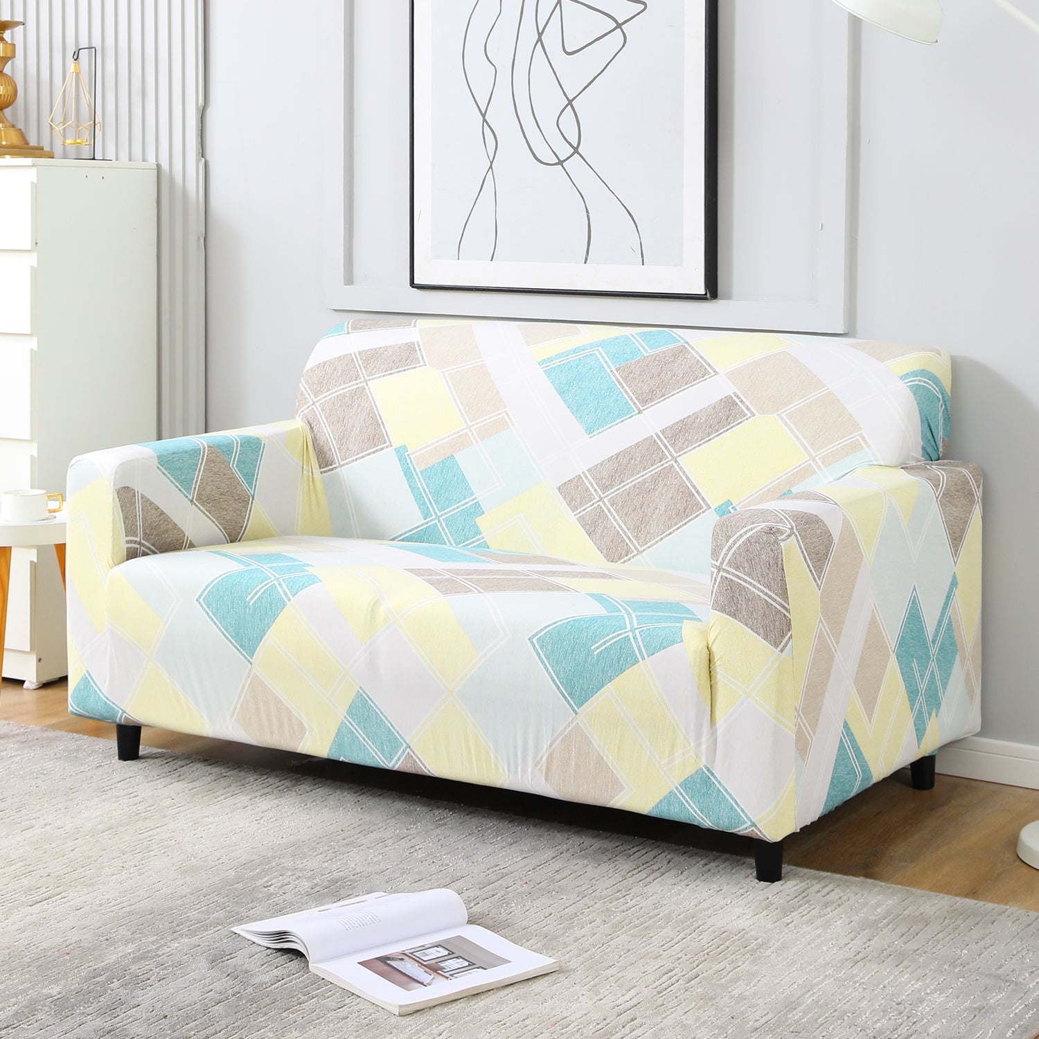 Pastel Diamond stretchable two seater sofa cover