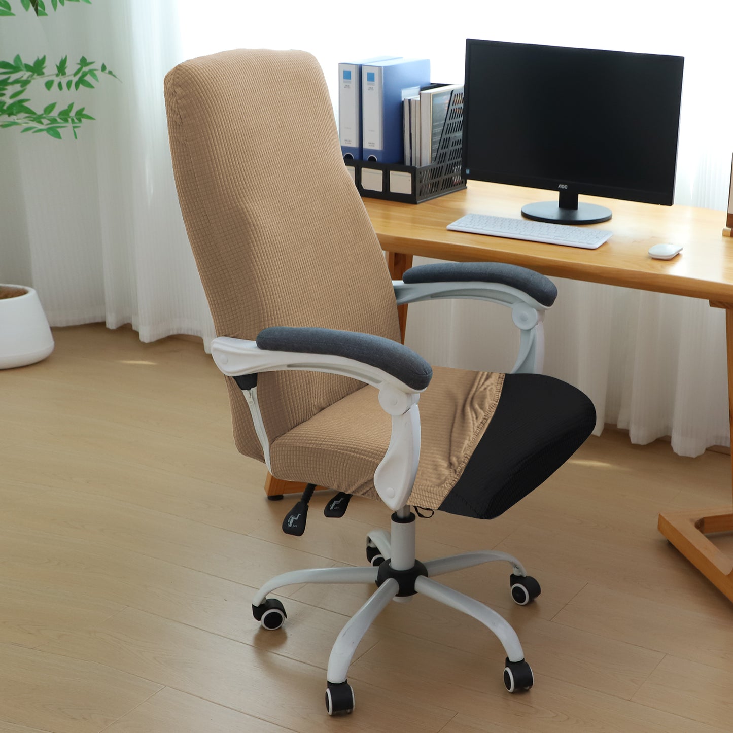 Water Repellent Office Chair Cover for Executive Chair (High-Back) – 210 GSM Stretchable Jacquard – Washable & Anti-Slip – Fits Big & Tall Office Chairs, Camel