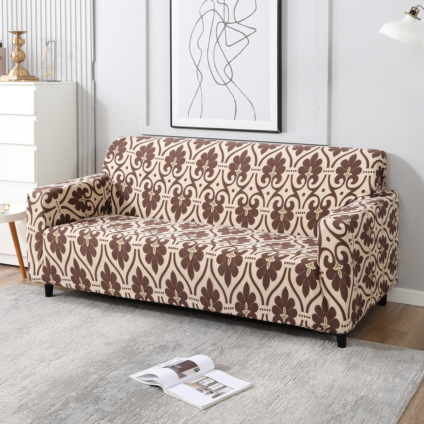 Beige Damask Printed stretchable 3 seater sofa covers