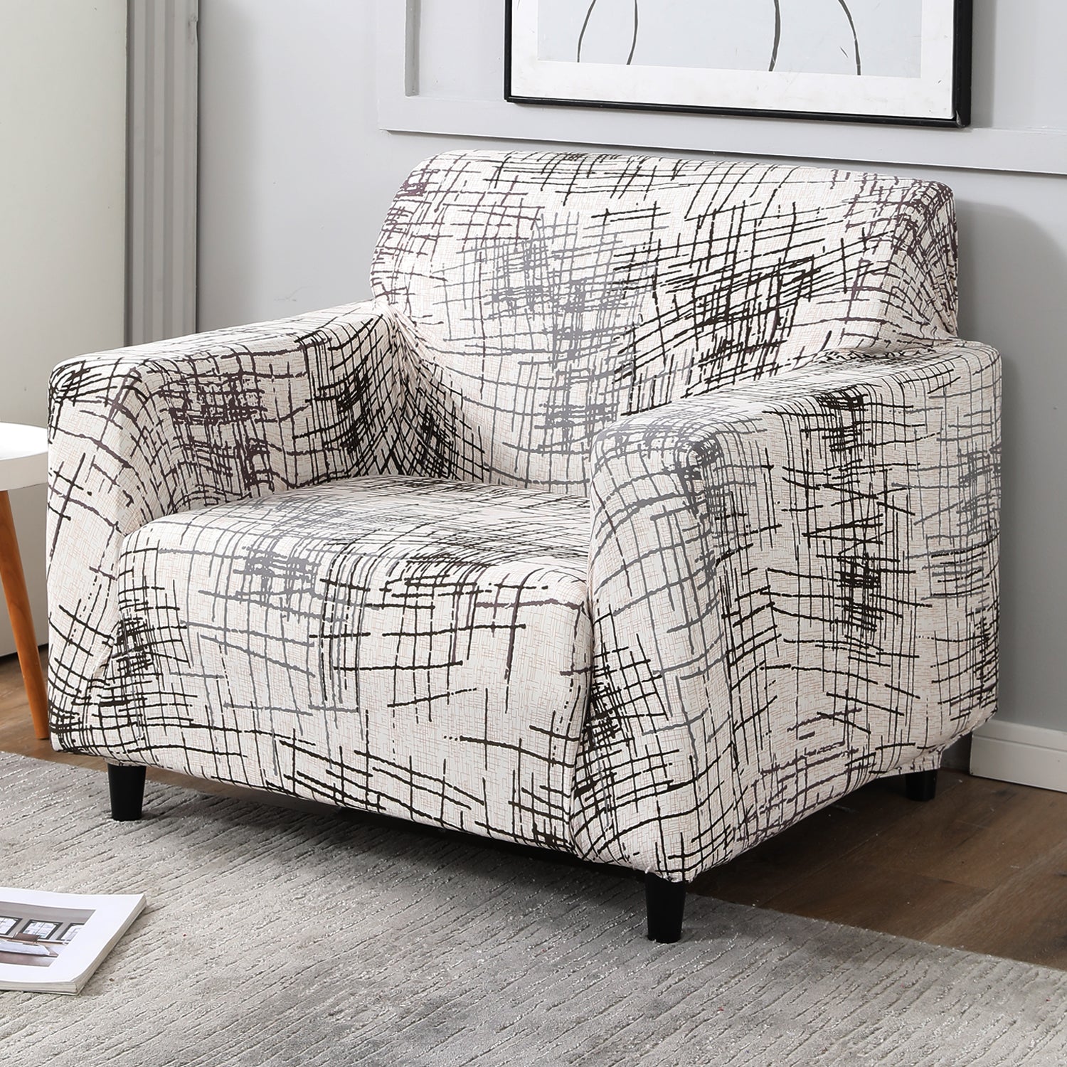 Beige Brown Lines non slip elastic 1 seater sofa cover