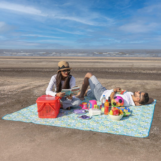 Foldable Waterproof and Sandproof Picnic Mat Blanket, Floral Blue