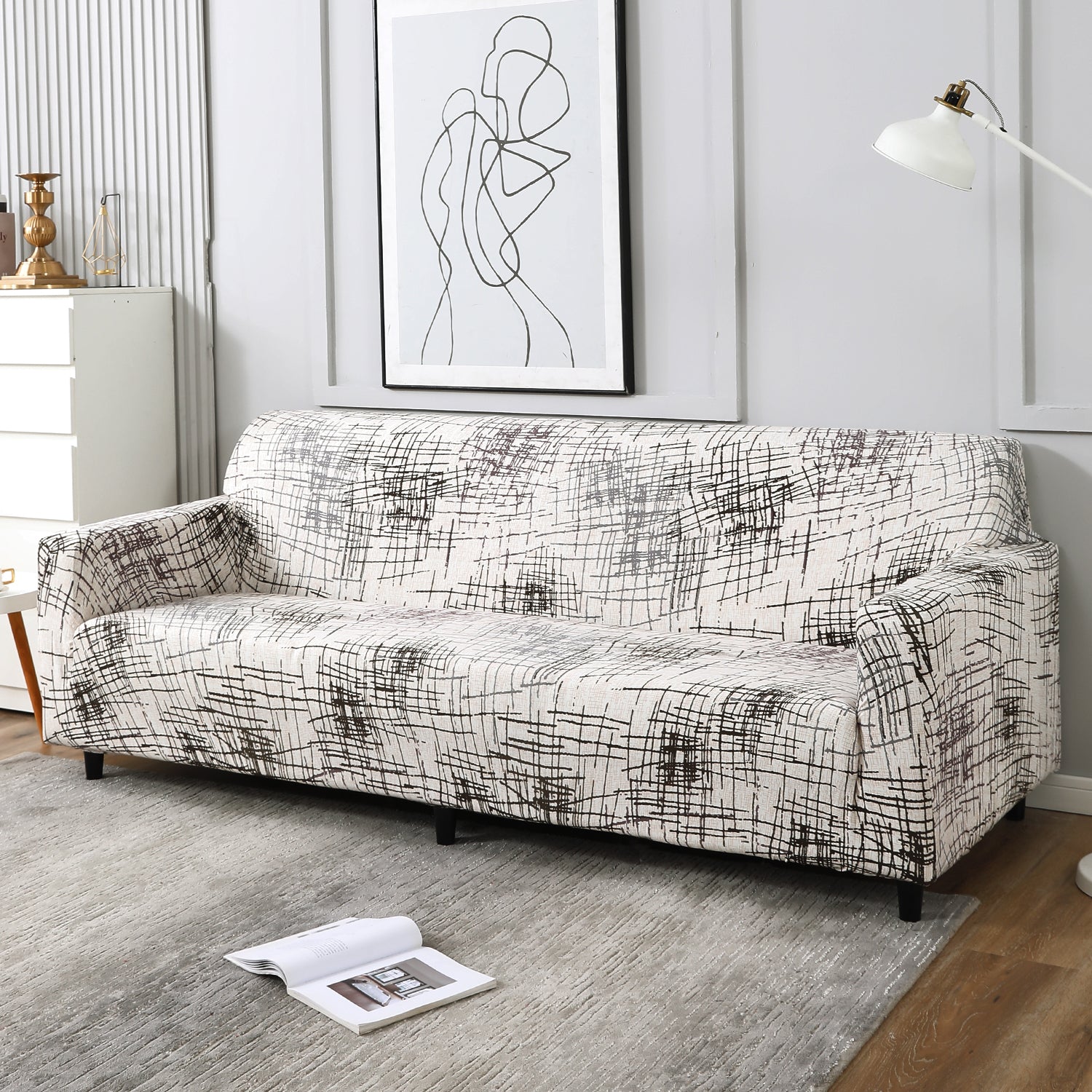 Beige Brown Lines, non slip, elastic 4 seater sofa covers
