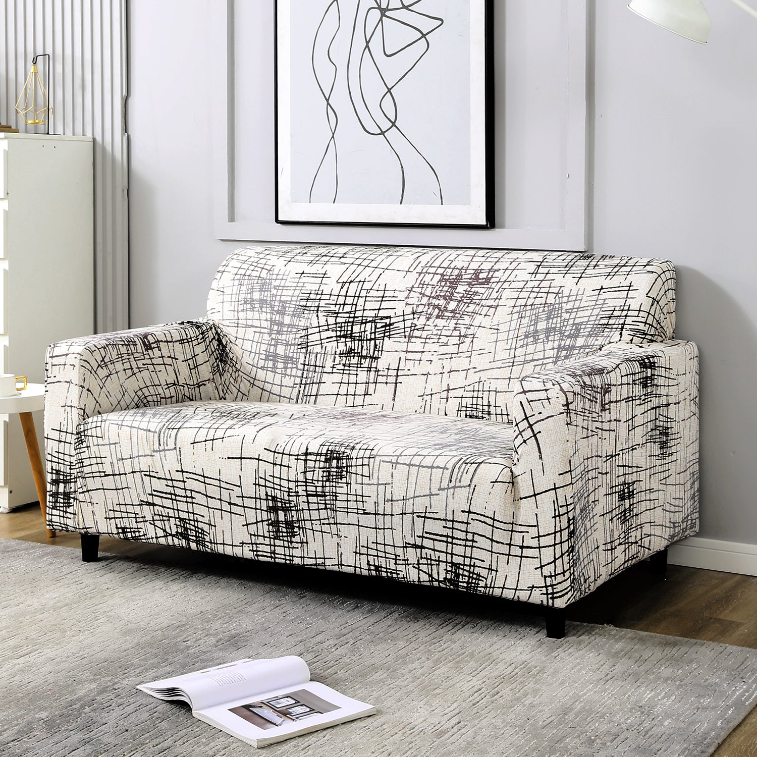 Beige Brown Lines stretchable two seater sofa cover