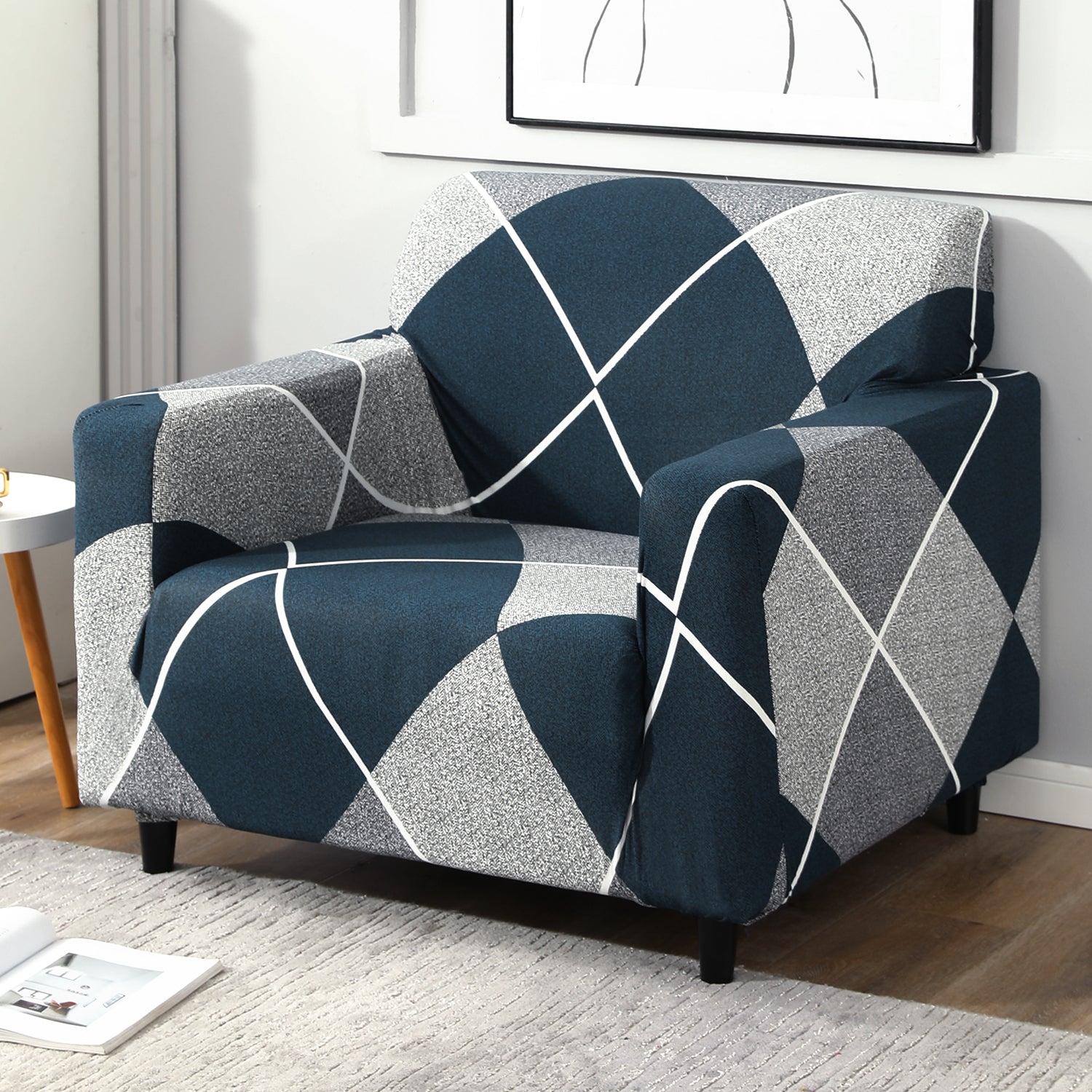 Blue Rhombus Printed Elastic single sofa cover