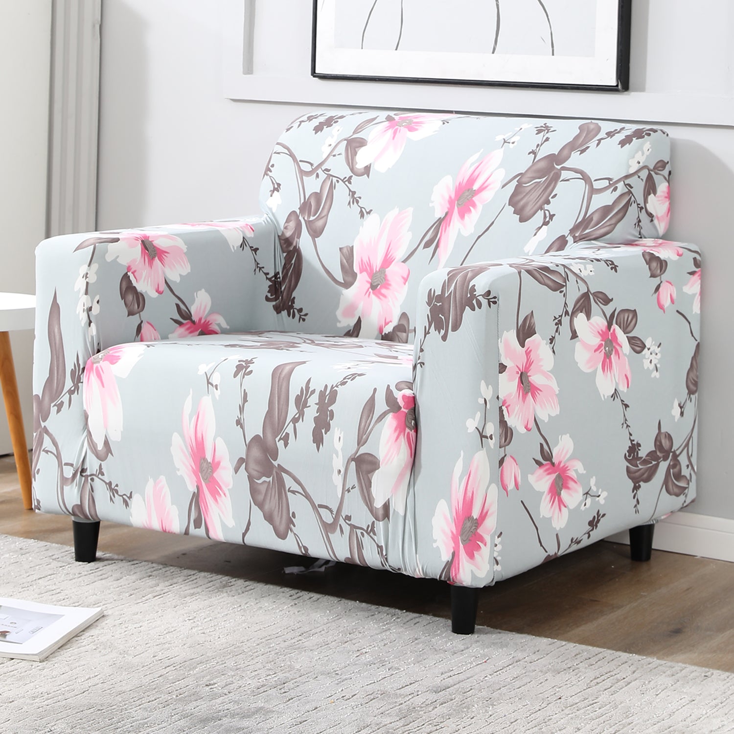 Bluish Grey  Printed non slip elastic 1 seater sofa cover