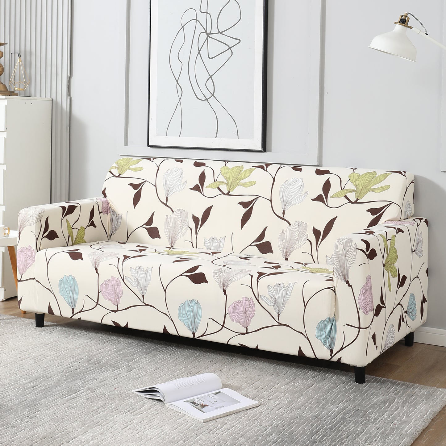 Beige Brown Leaves stretchable 3 seater sofa covers