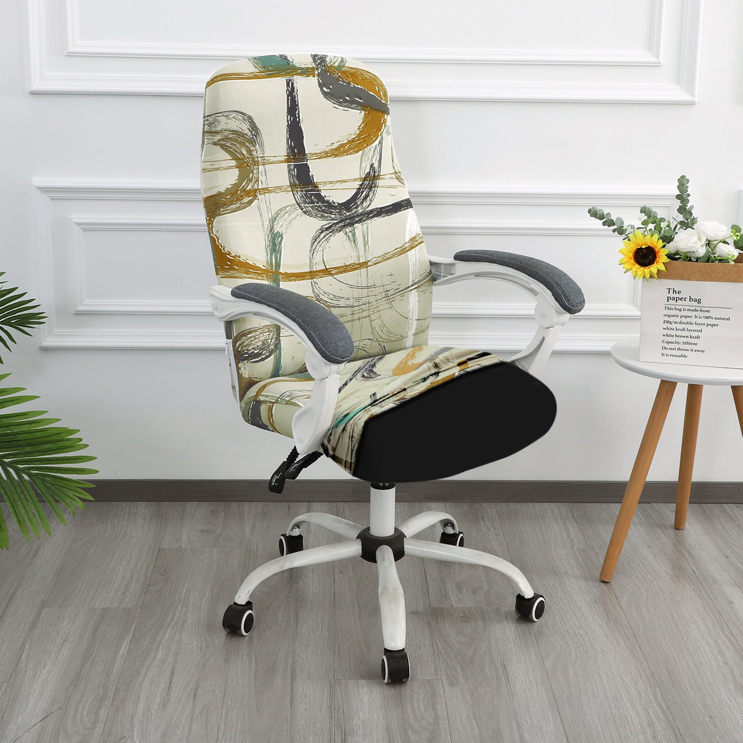 Printed Office Chair Cover for Desk Chair (Mid-Back) – 140 GSM Stretch Fabric – Durable & Anti-Slip – Fits Mid-Back Office Chairs, Parchement Beige Abstract Art - Medium