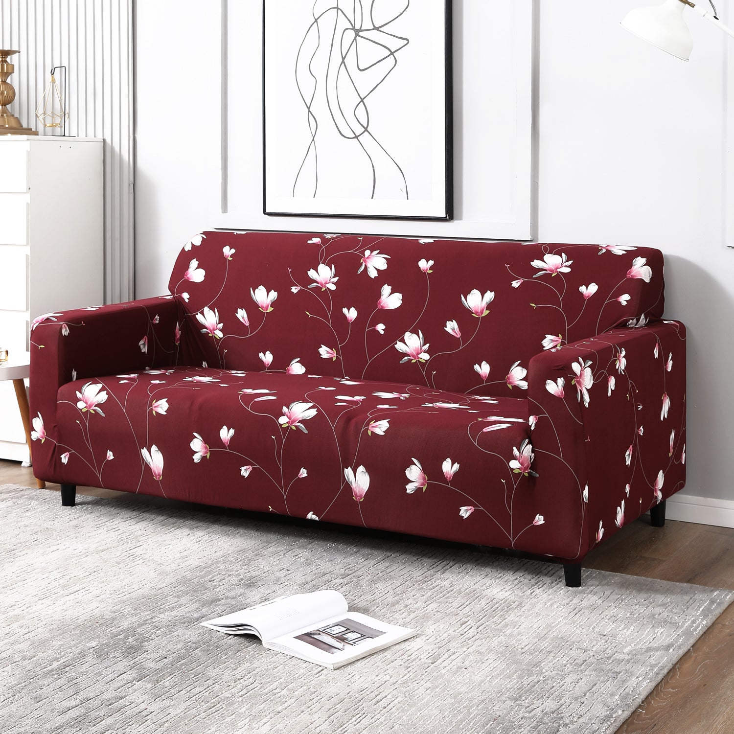 wine red floral print elastic 3 seater sofa cover