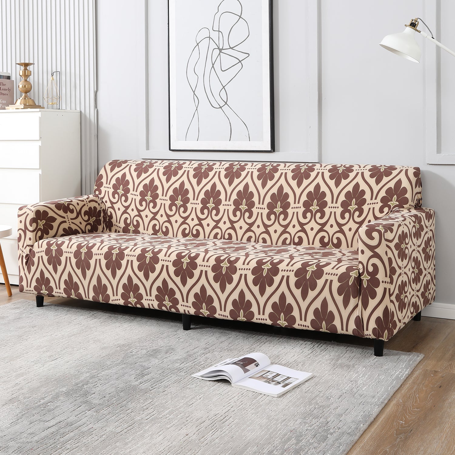 Beige Damask Printed, non slip, Stretchable 4 seater sofa covers