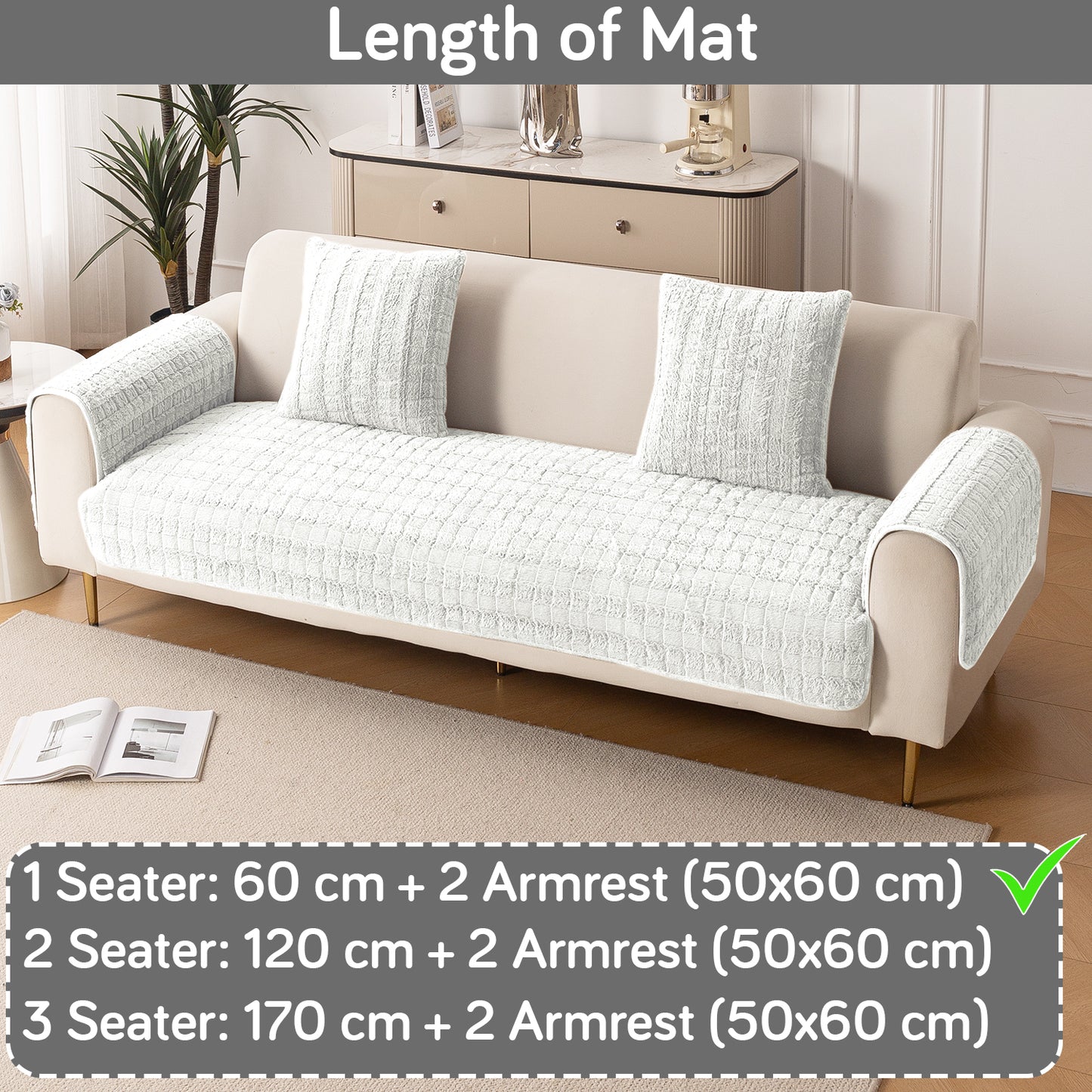 Premium Plush Sofa Cover Mat with 2 Armrest Cover, White