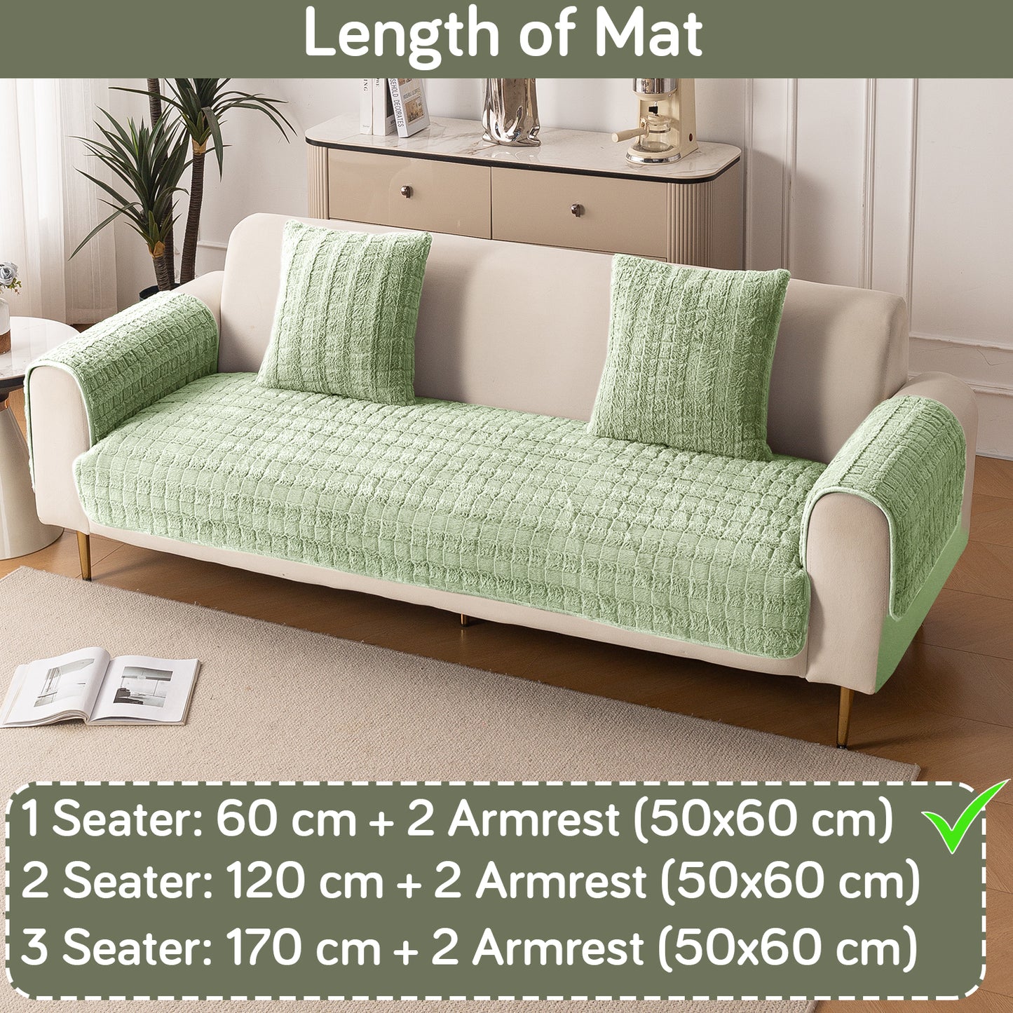 Premium Plush Anti Slip Sofa Cover Mat with 2 Armrest Cover, Green