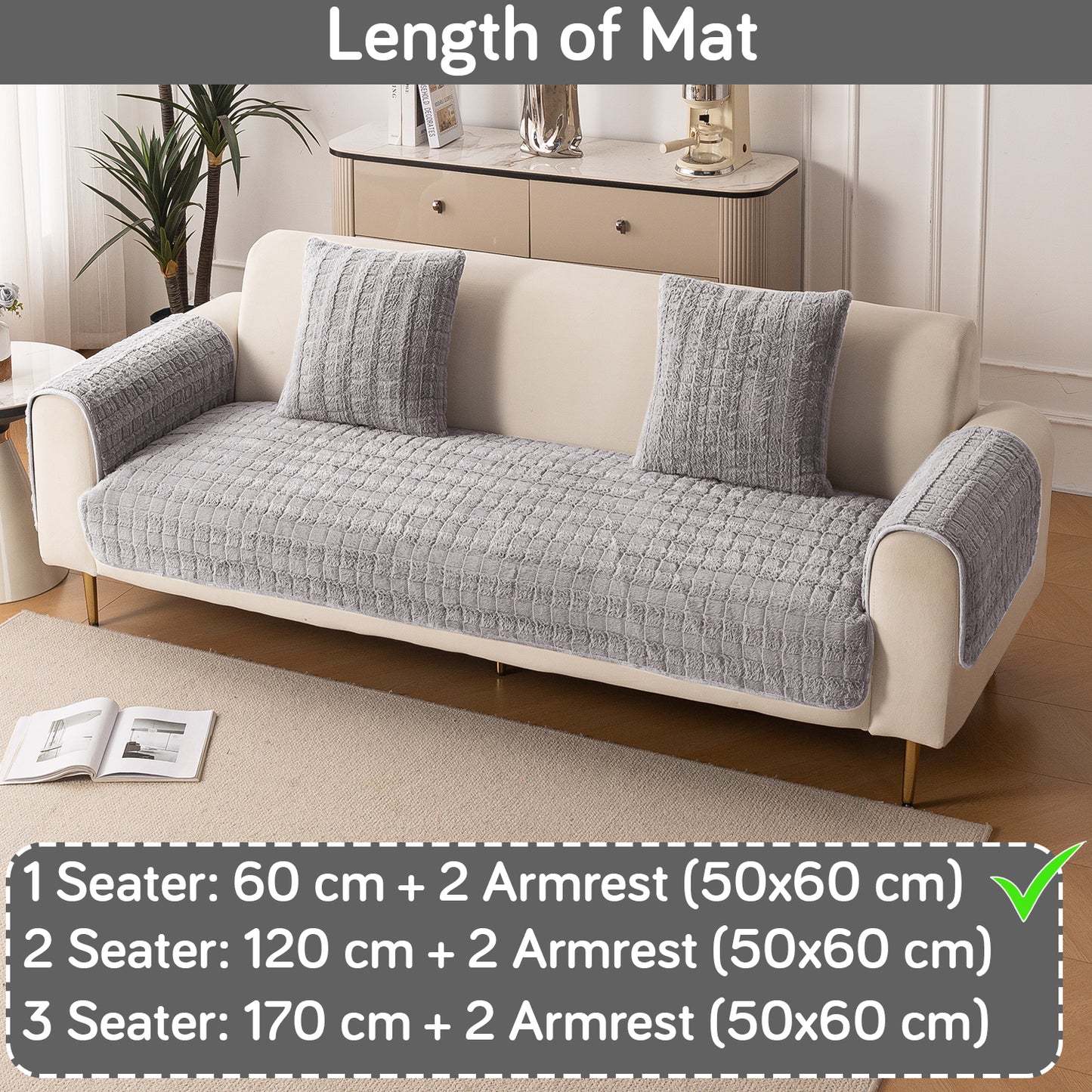 Premium Plush Anti Slip Sofa Cover Mat with 2 Armrest Cover, Light Grey