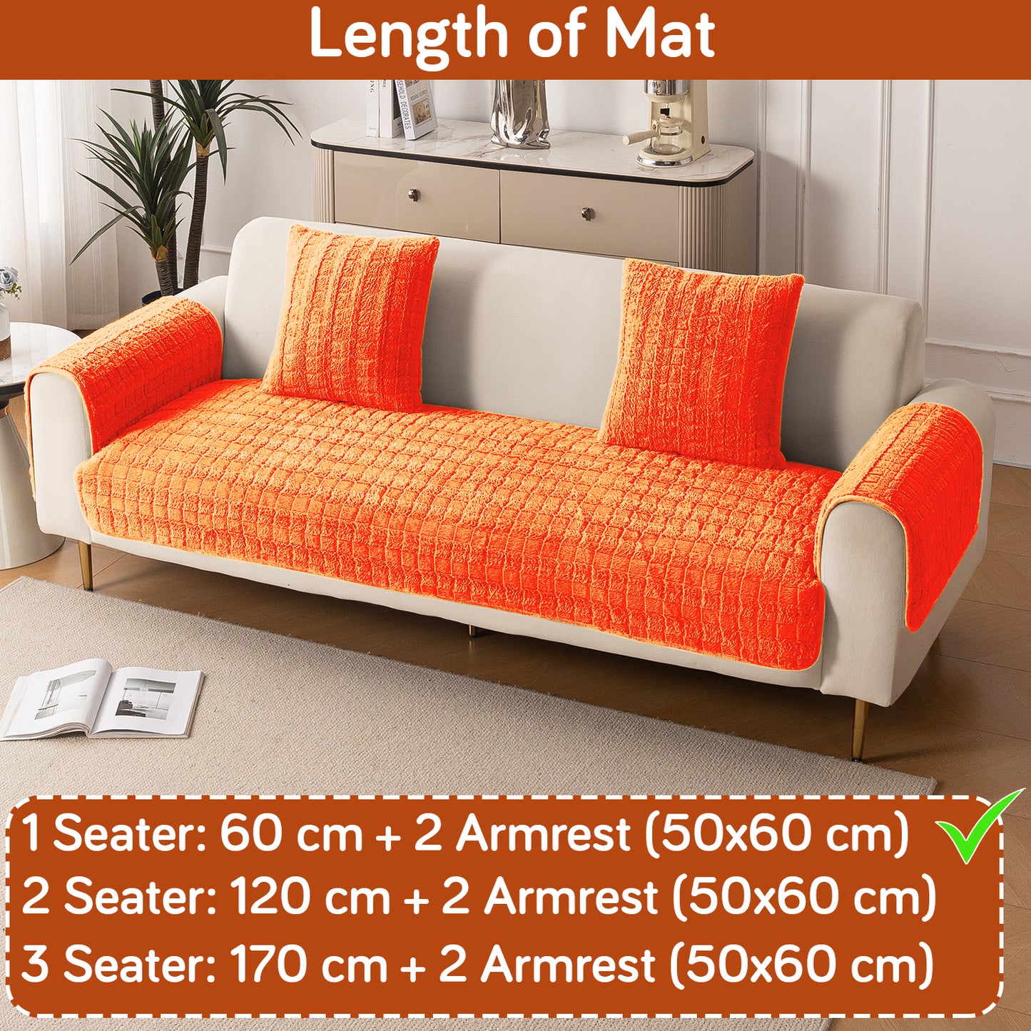 Premium Plush Sofa Cover Mat with 2 Arm Cover, Orange