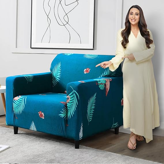 Teal colour feather print elastic stretchable single sofa cover