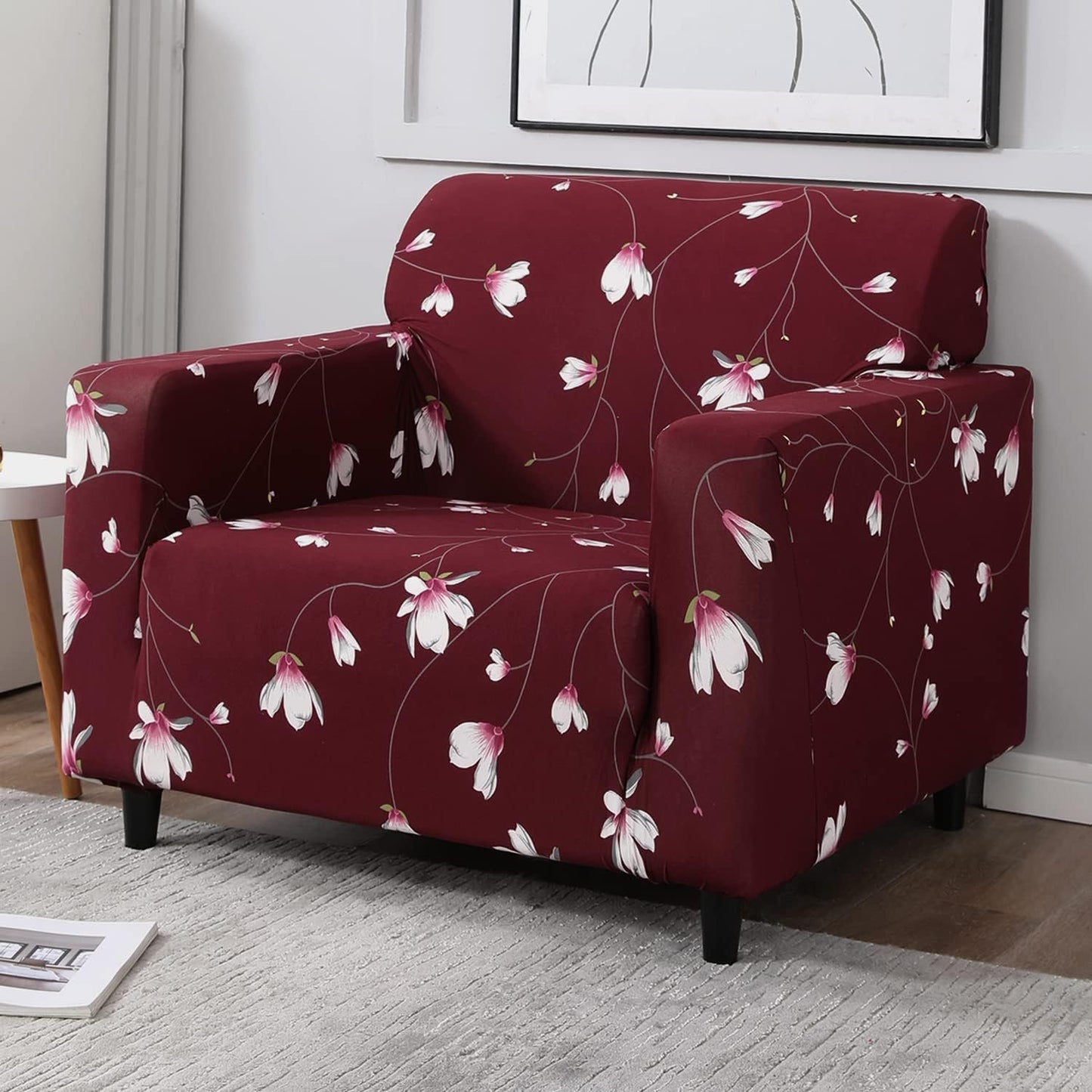 wine red floral print single sofa cover