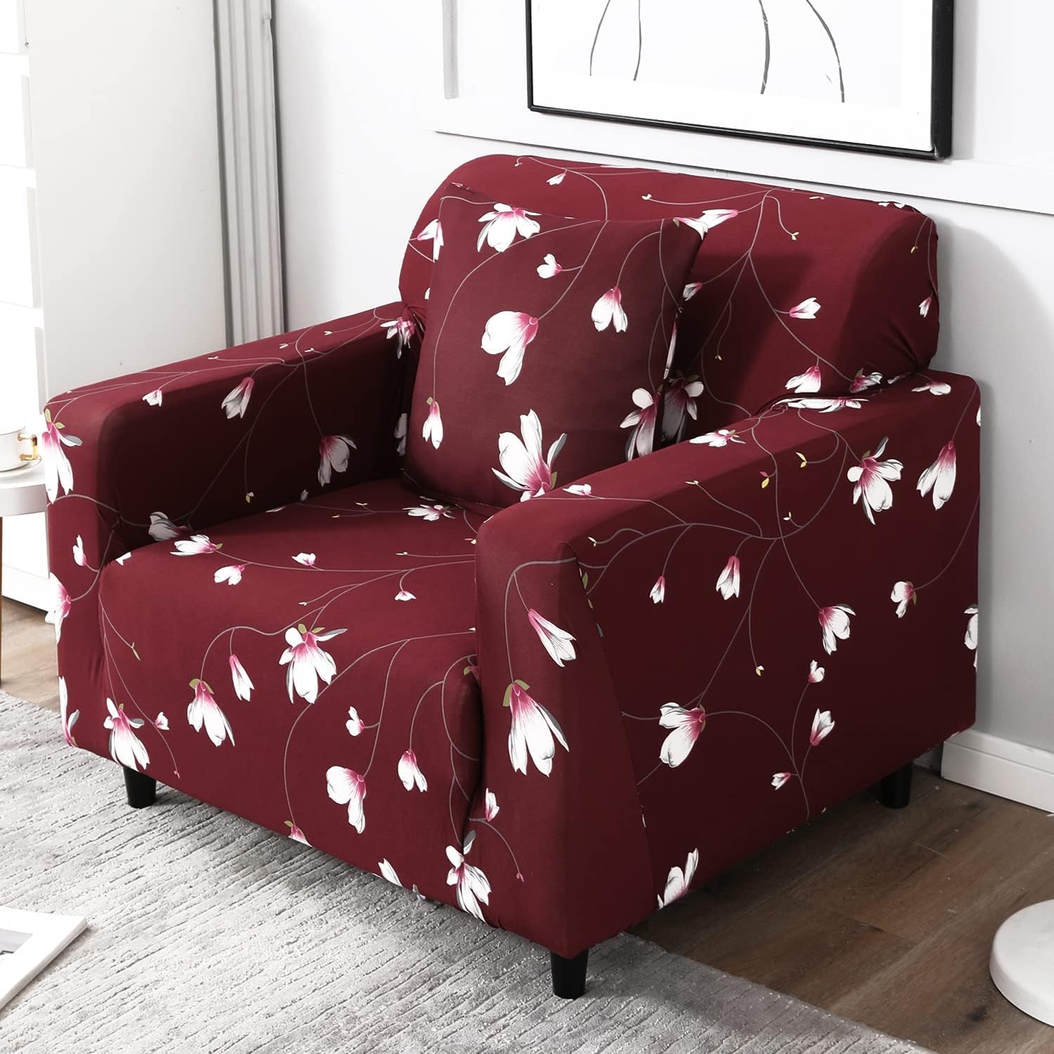 wine red floral print stretchable 1 seater sofa cover
