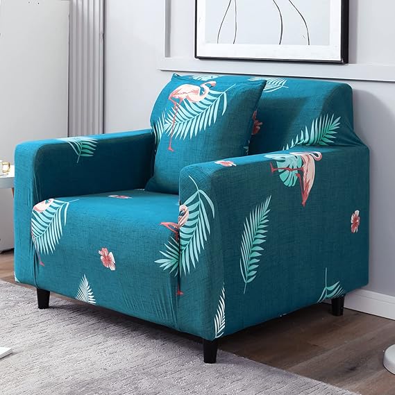 Teal colour feather print elastic 1 seater sofa cover
