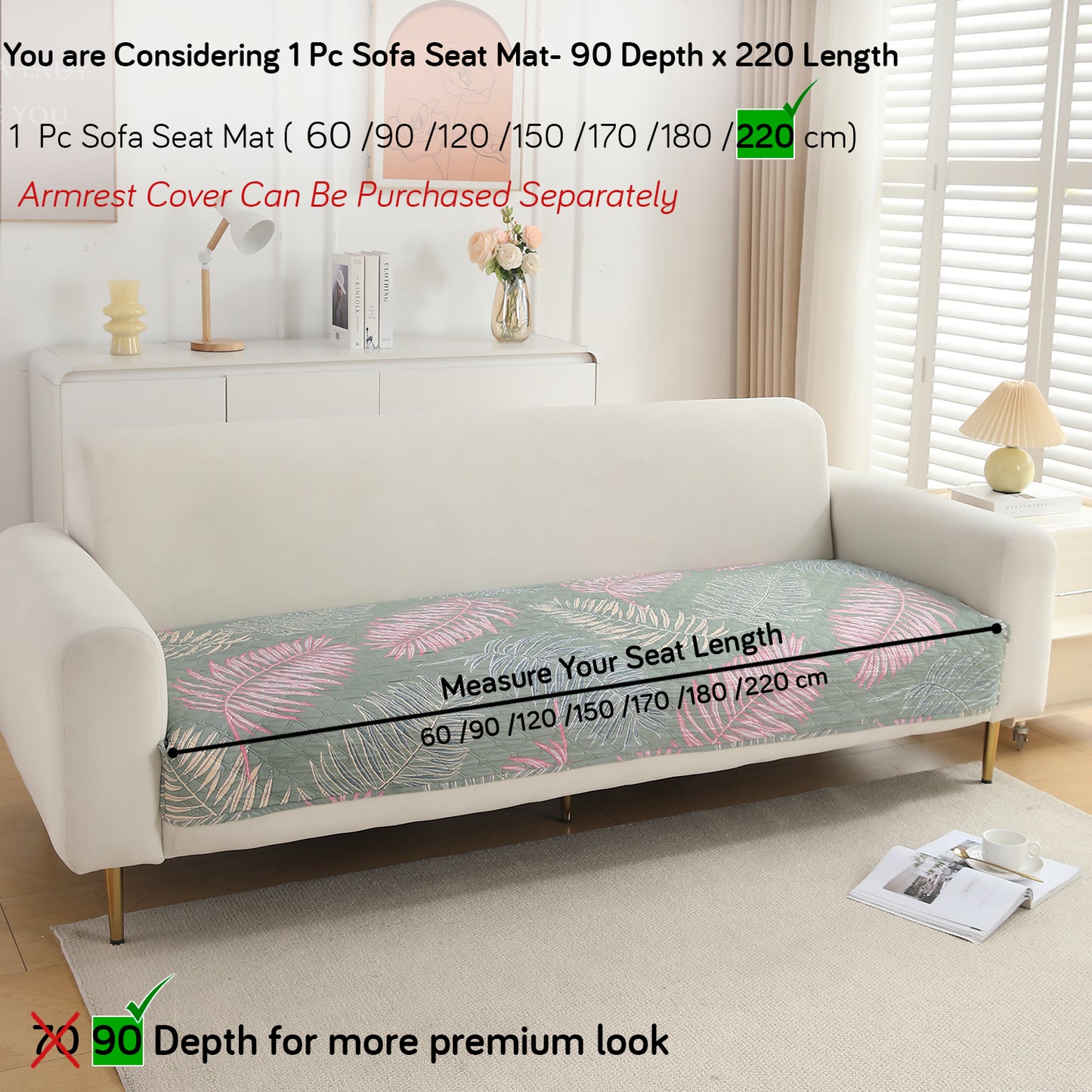 Polyester Printed Quilted Sofa Cover Mats, Tropical Leaves Pastel Green