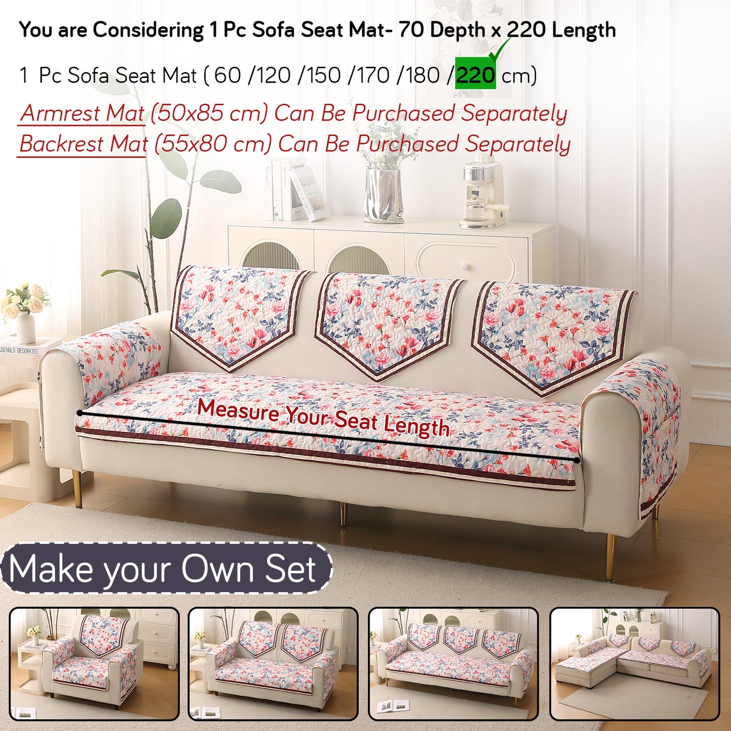 Florentina Series Premium Holland Velvet Sofa Cover Mat - Scarlet Rose Ivory