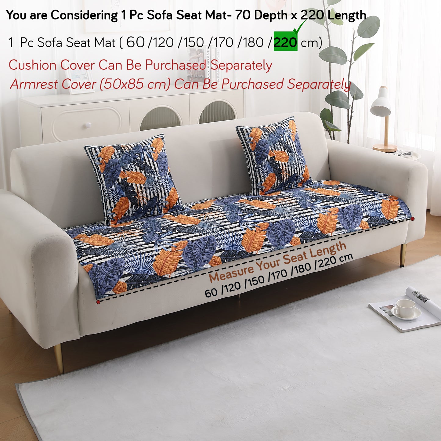 LiefNest Holland Velvet Sofa Cover Mat with Foam Filling - Tropical Leaves Dusk Blue