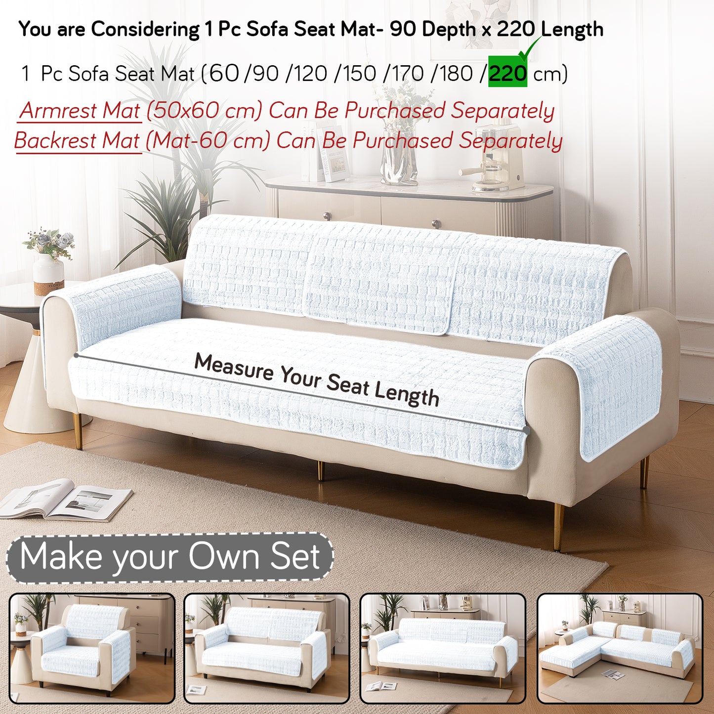 Premium Plush Anti Slip Sofa Cover Mat, White