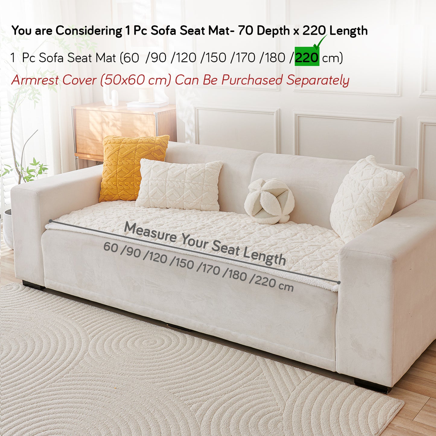 'Italian Caelora' Luxury Jacquard Plush Sofa Cover Mat and Anti-Slip Armrest Covers - Pearl Whit