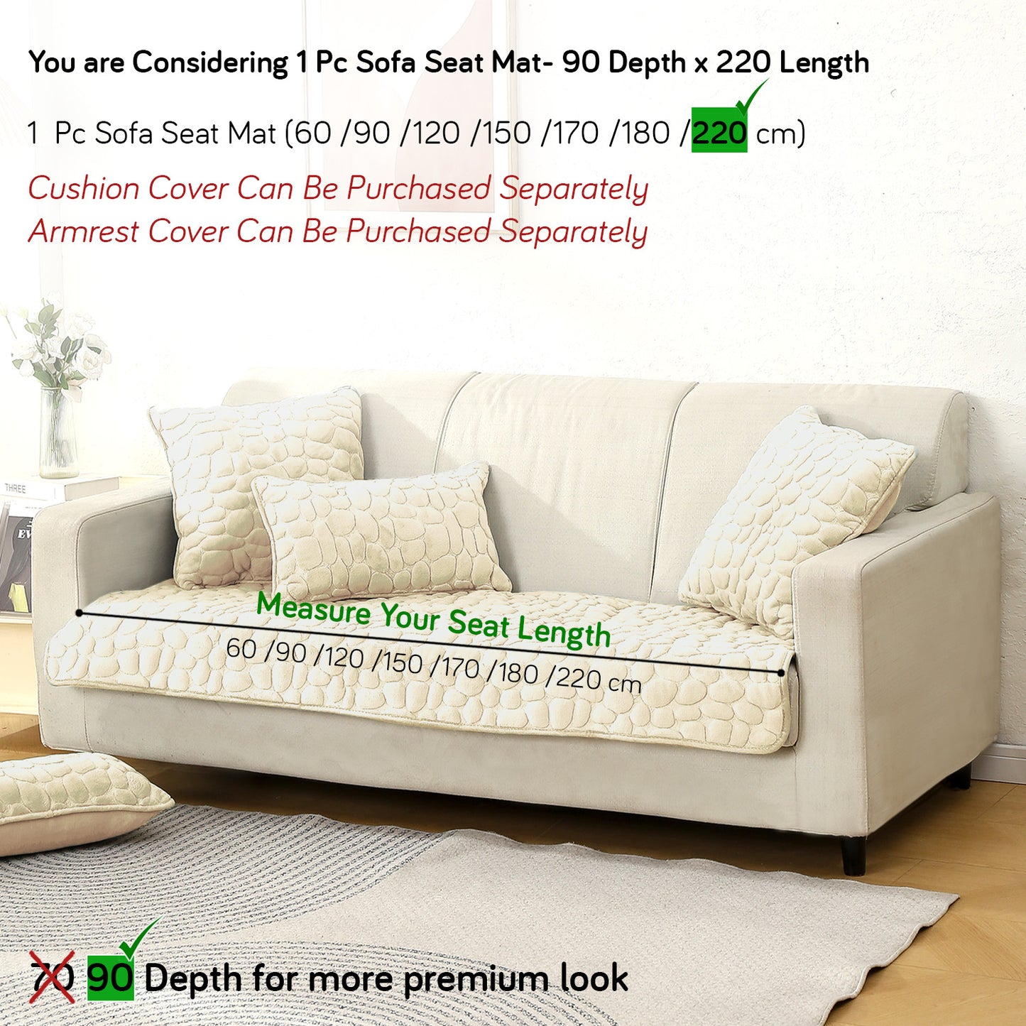 Premium Pebble Milk Velvet Anti Slip Sofa Mats, Bliss White