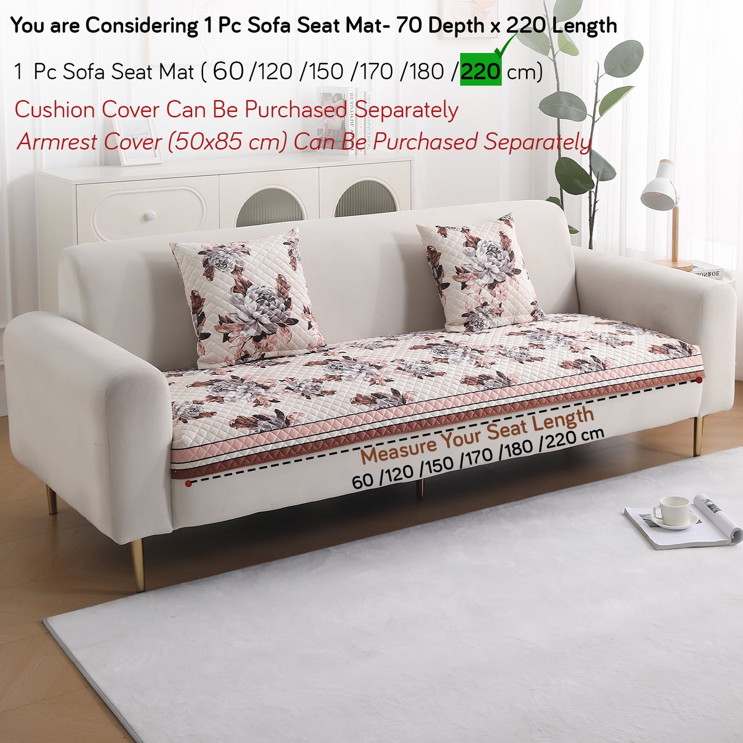 LiefNest Holland Velvet Sofa Cover Mat with Foam Filling - Chrysanthemum Bloom Soft Beige