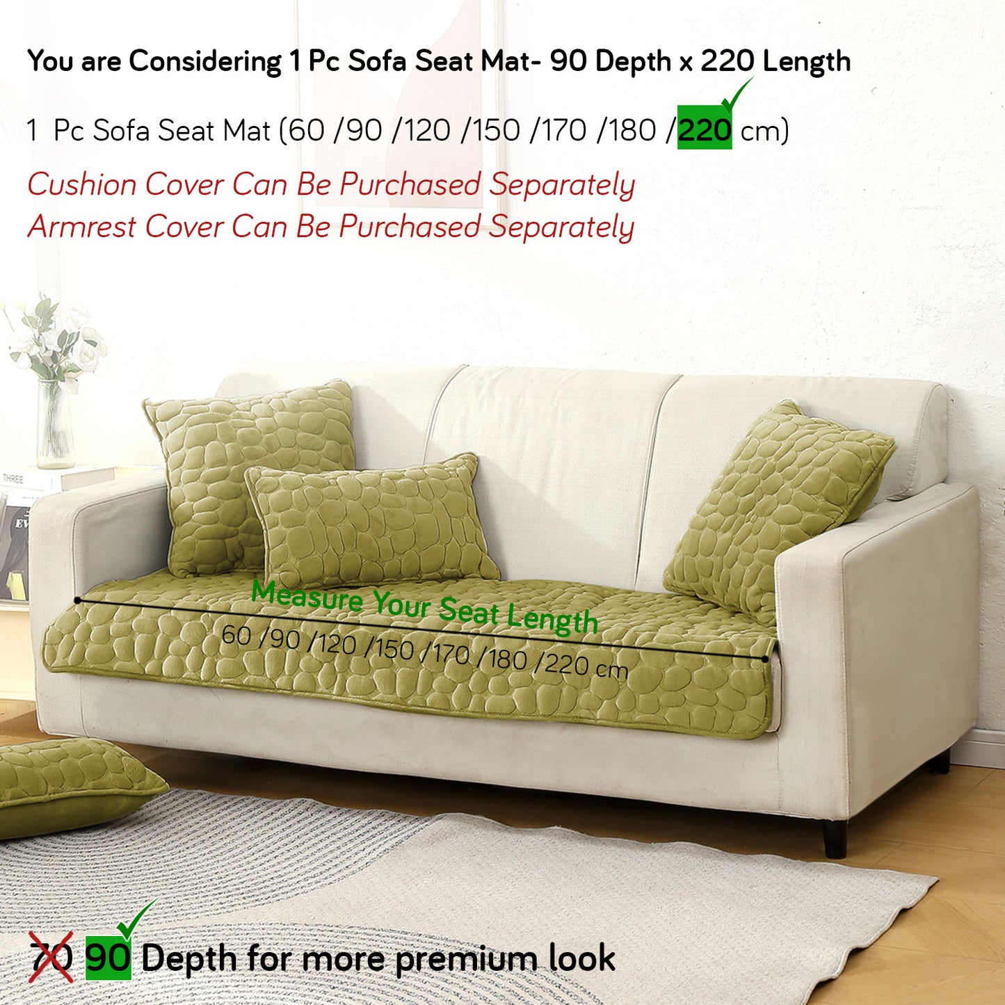 Premium Pebble Milk Velvet Anti Slip Sofa Mats, Pristine Green