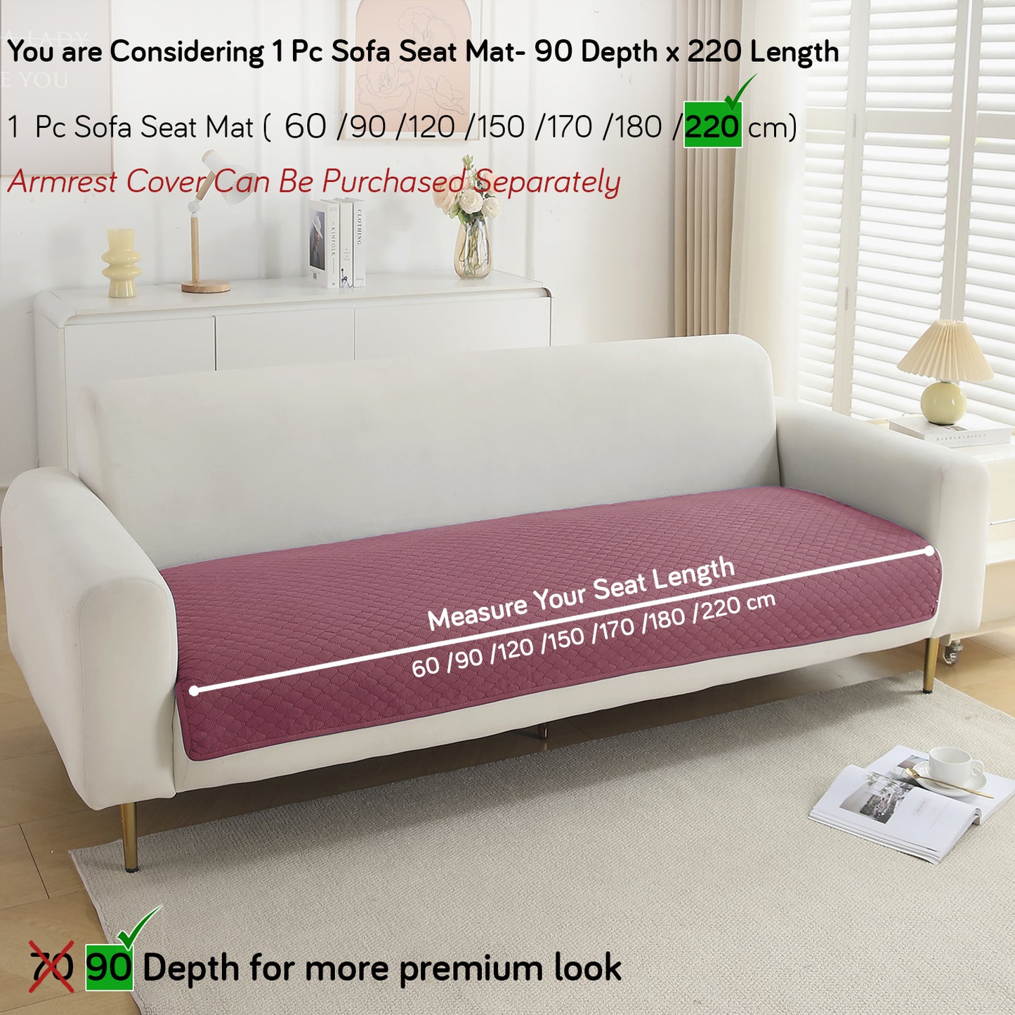 Polyester Quilted Sofa Cover Mats, Mauve Pink